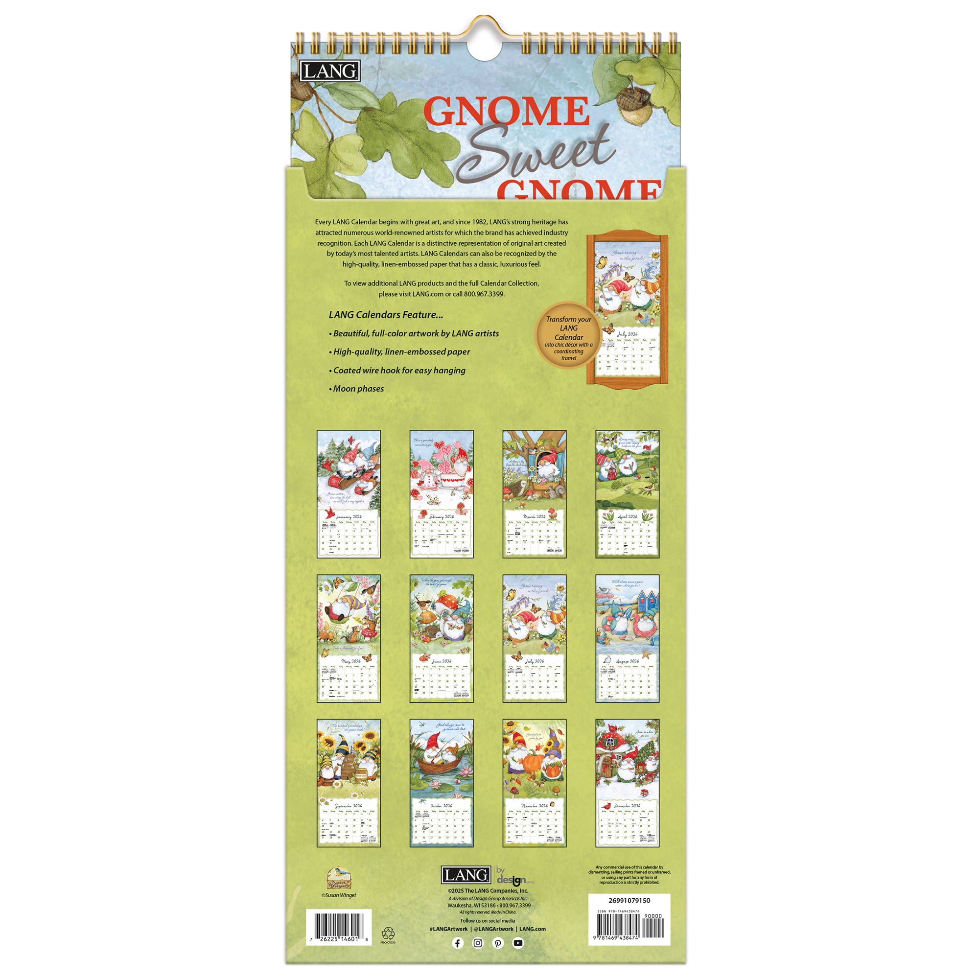 2026 LANG Gnome Sweet Gnome - Slim Vertical Wall Calendar