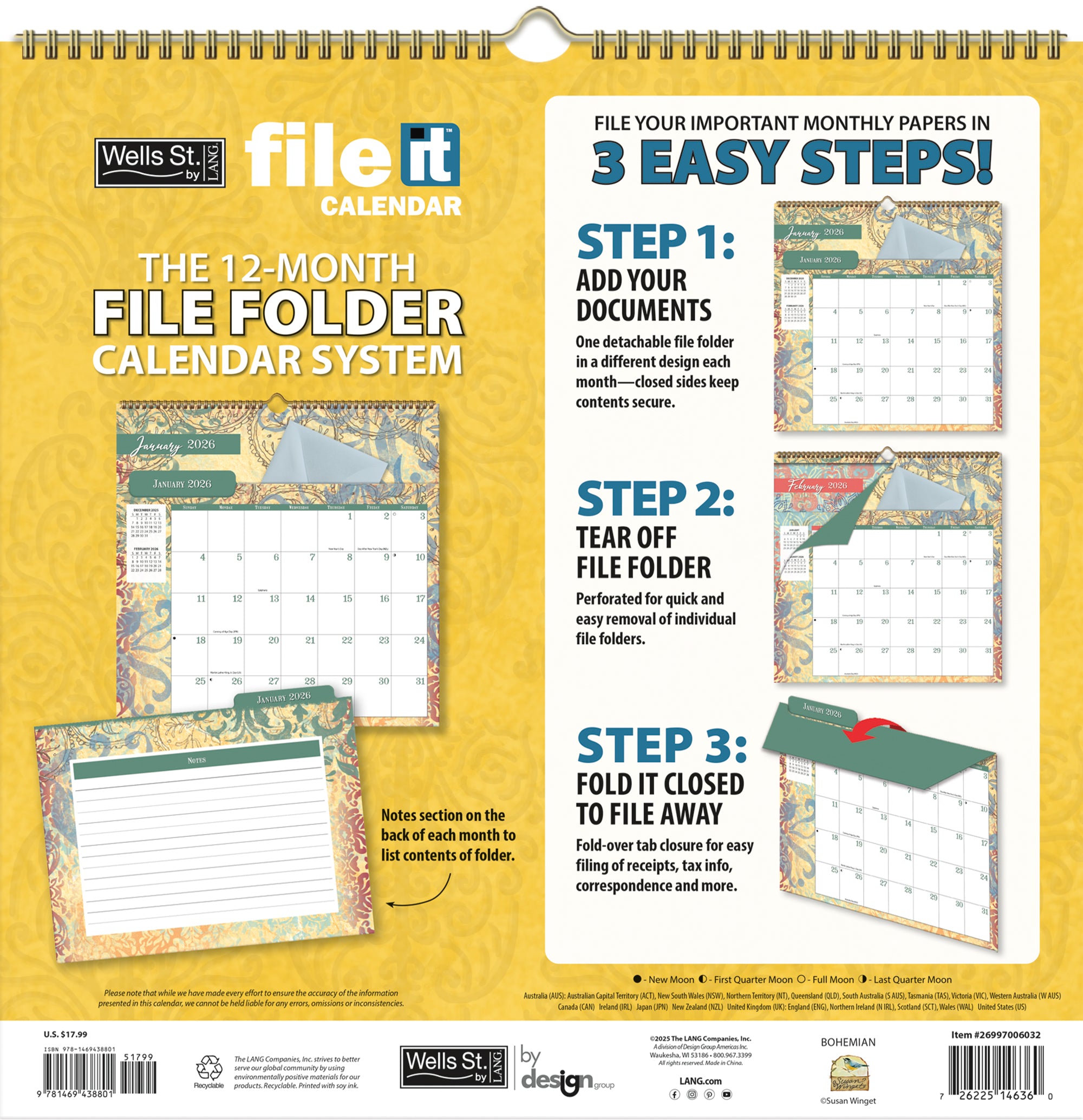 2026 LANG Bohemian - File-It Square Wall Calendar