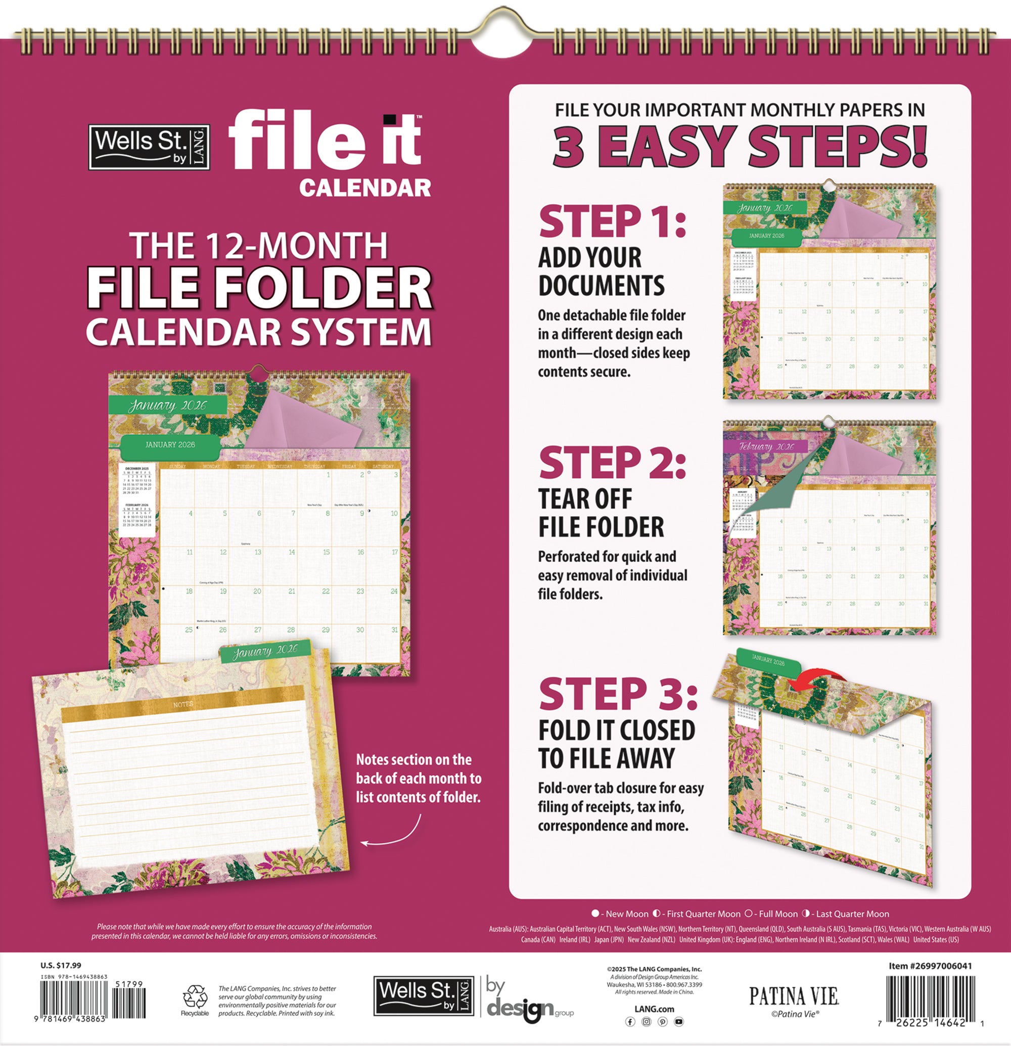 2026 LANG Patina Vie - File-It Square Wall Calendar