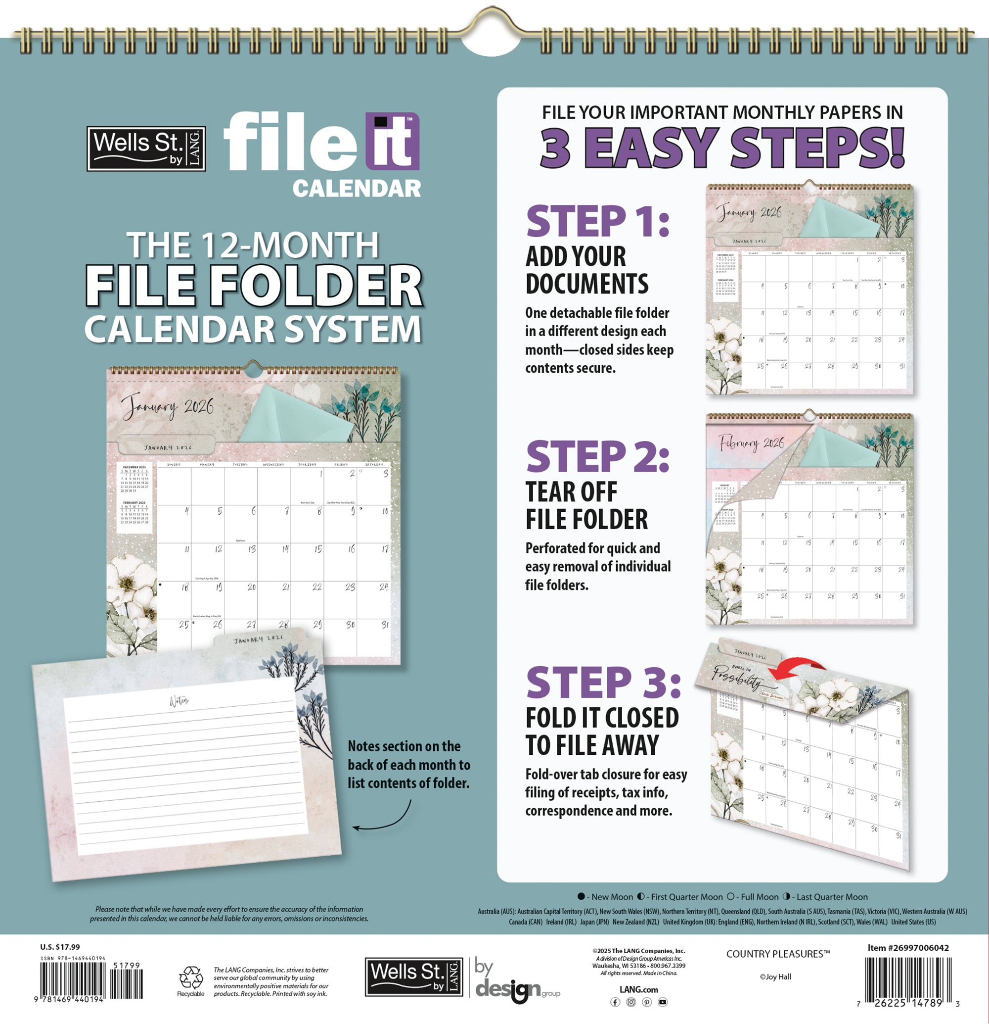 2026 LANG Country Pleasures - File-It Square Wall Calendar