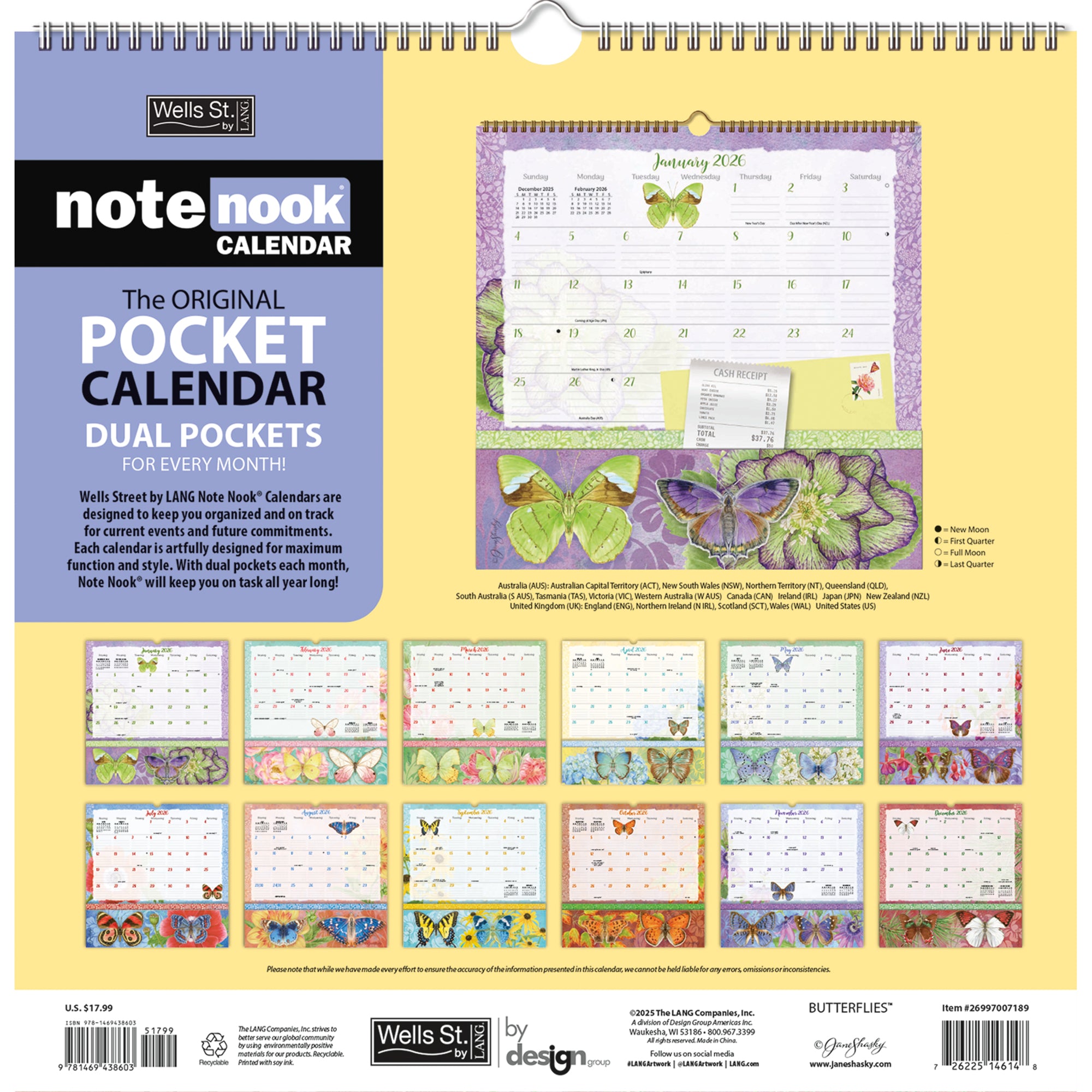 2026 LANG Butterflies - Note Nook Square Wall Calendar