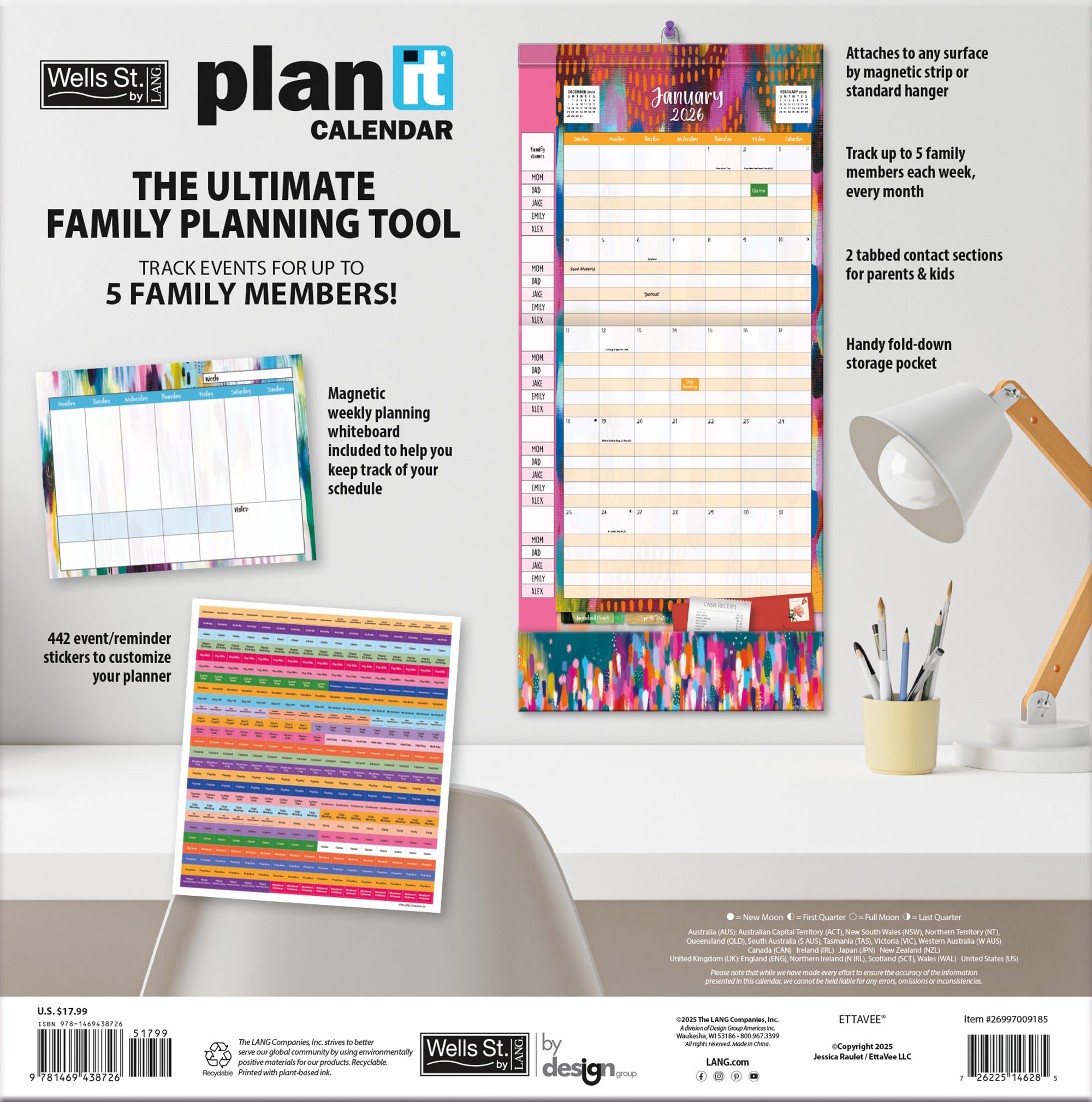 2026 LANG Ettavee - Plan It Plus Magnetic Square Wall Calendar