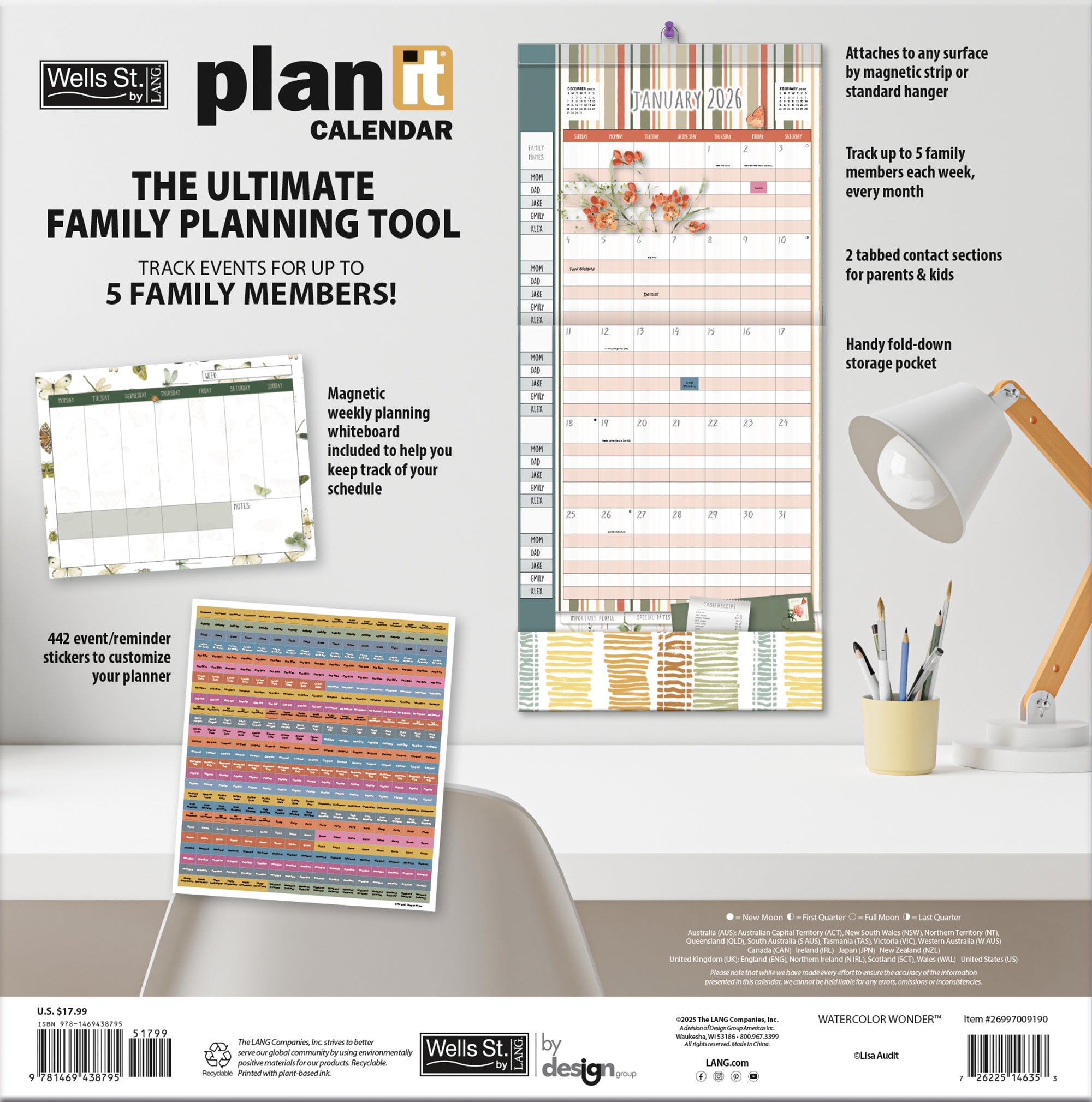 2026 LANG Watercolor Wonder - Plan It Plus Magnetic Square Wall Calendar