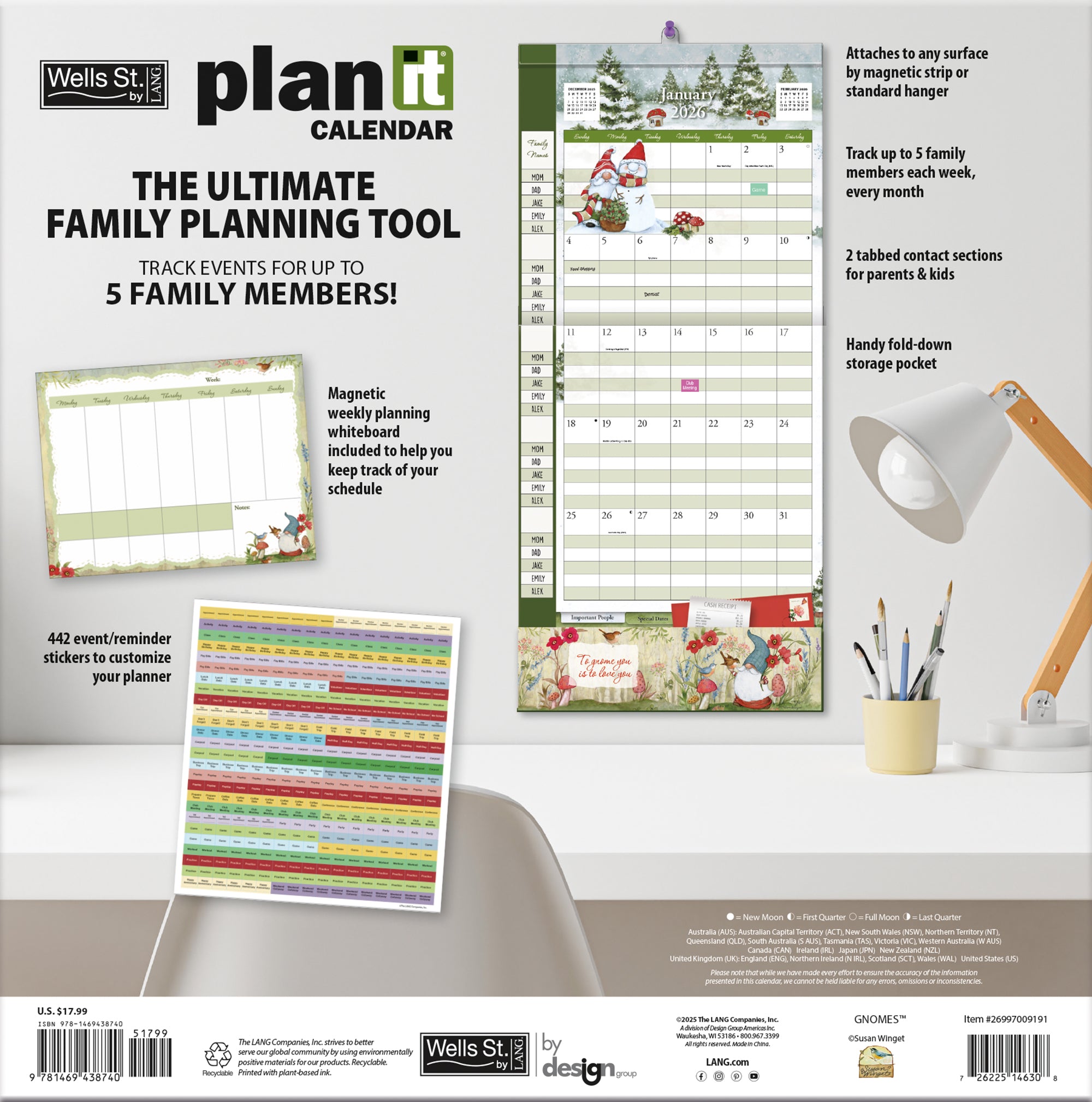 2026 LANG Gnomes - Plan It Plus Magnetic Square Wall Calendar