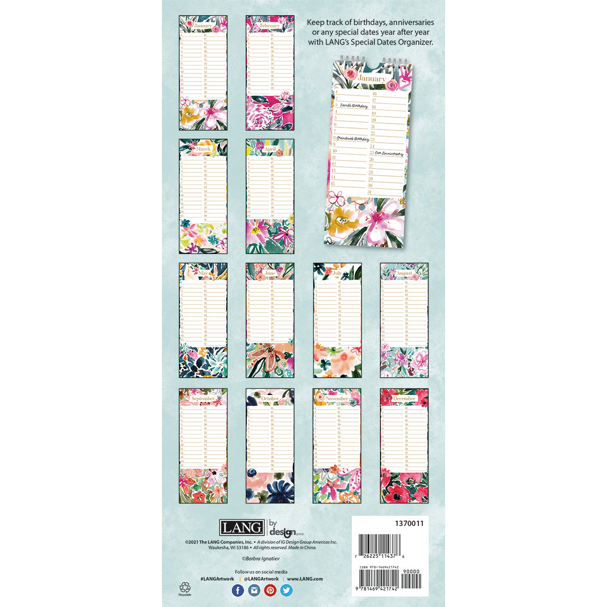 Wild At Heart Special Date Organizer - LANG Perpetual Slim Wall Calendar