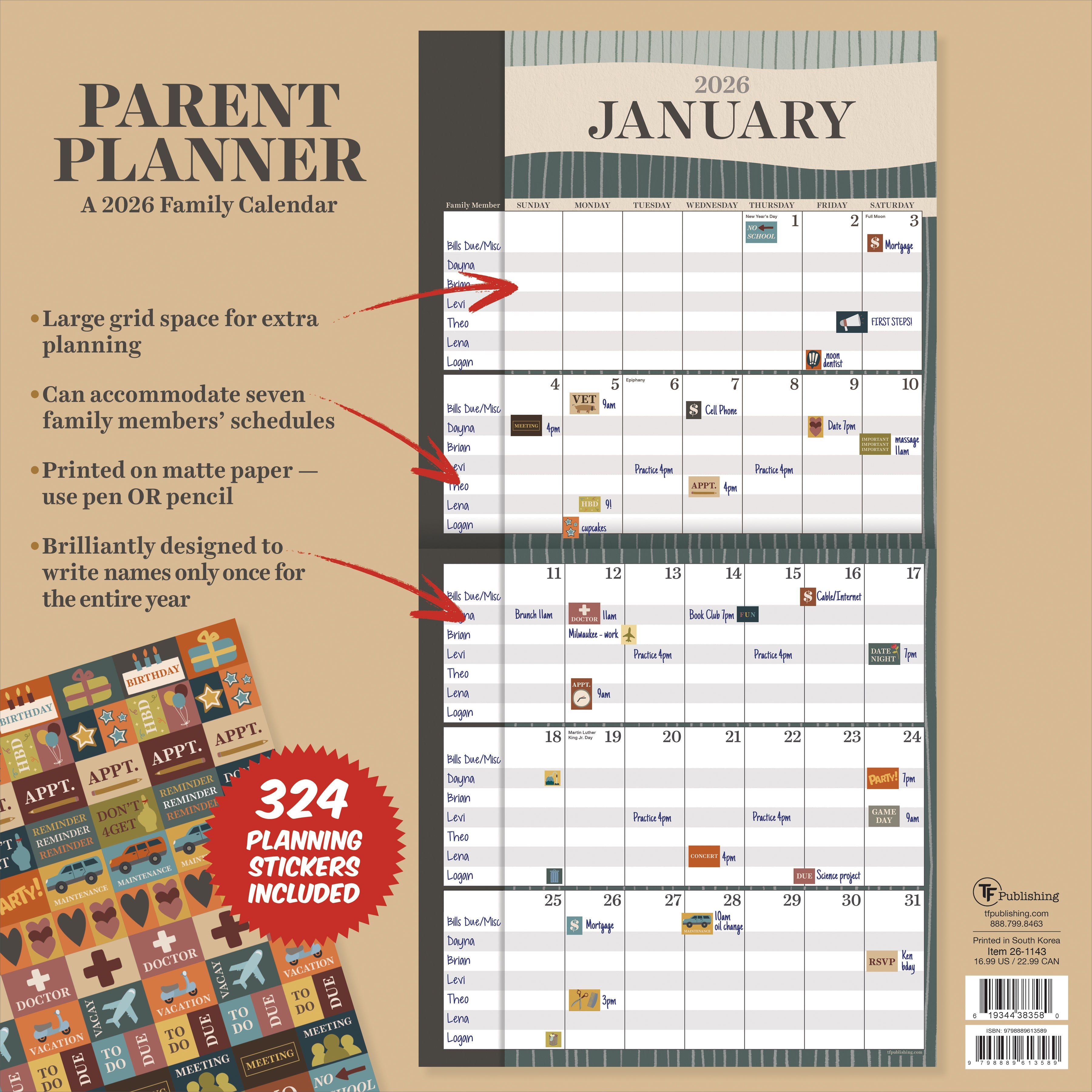 2026 Parent Planner - Square Wall Calendar