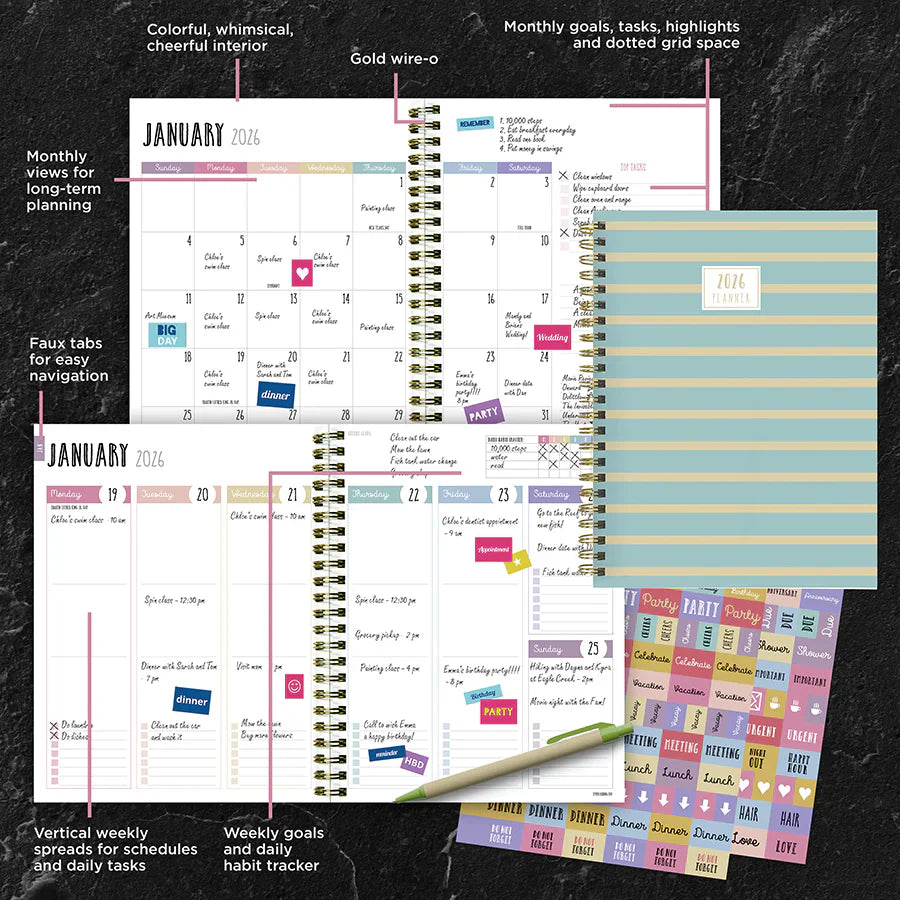 2026 Blue and Gold Lines - Medium Monthly & Weekly Pocket Diary/Planner