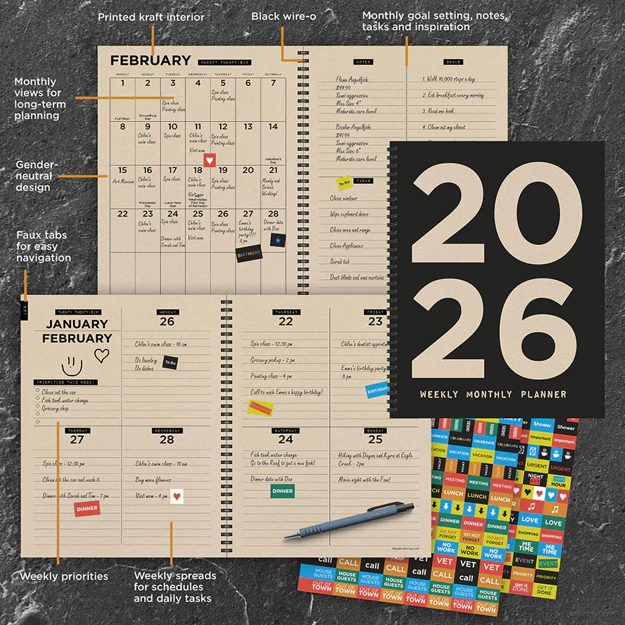 2026 Burnt Black - Large Monthly & Weekly Pocket Diary/Planner