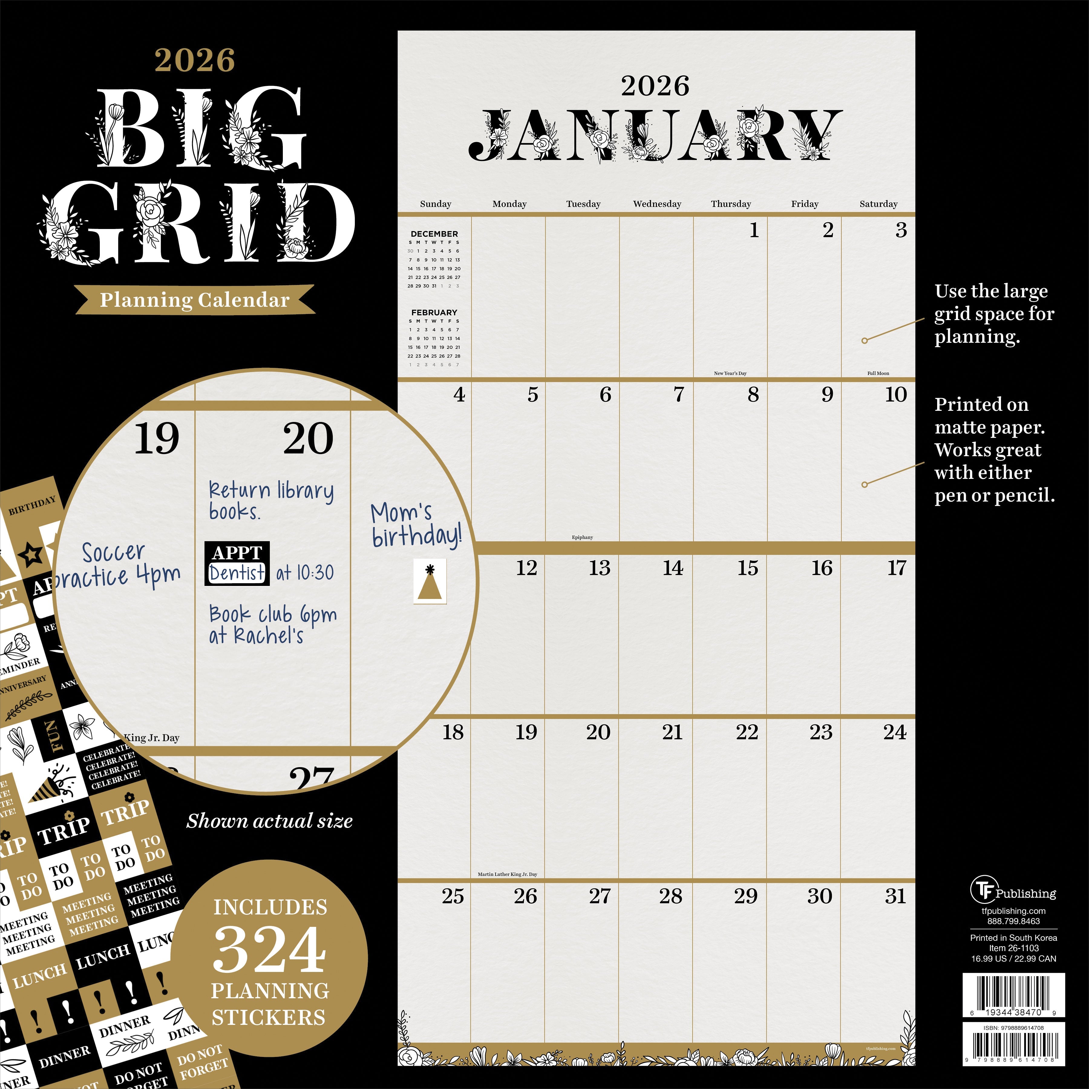 2026 Big Grid-Floral - Square Wall Calendar
