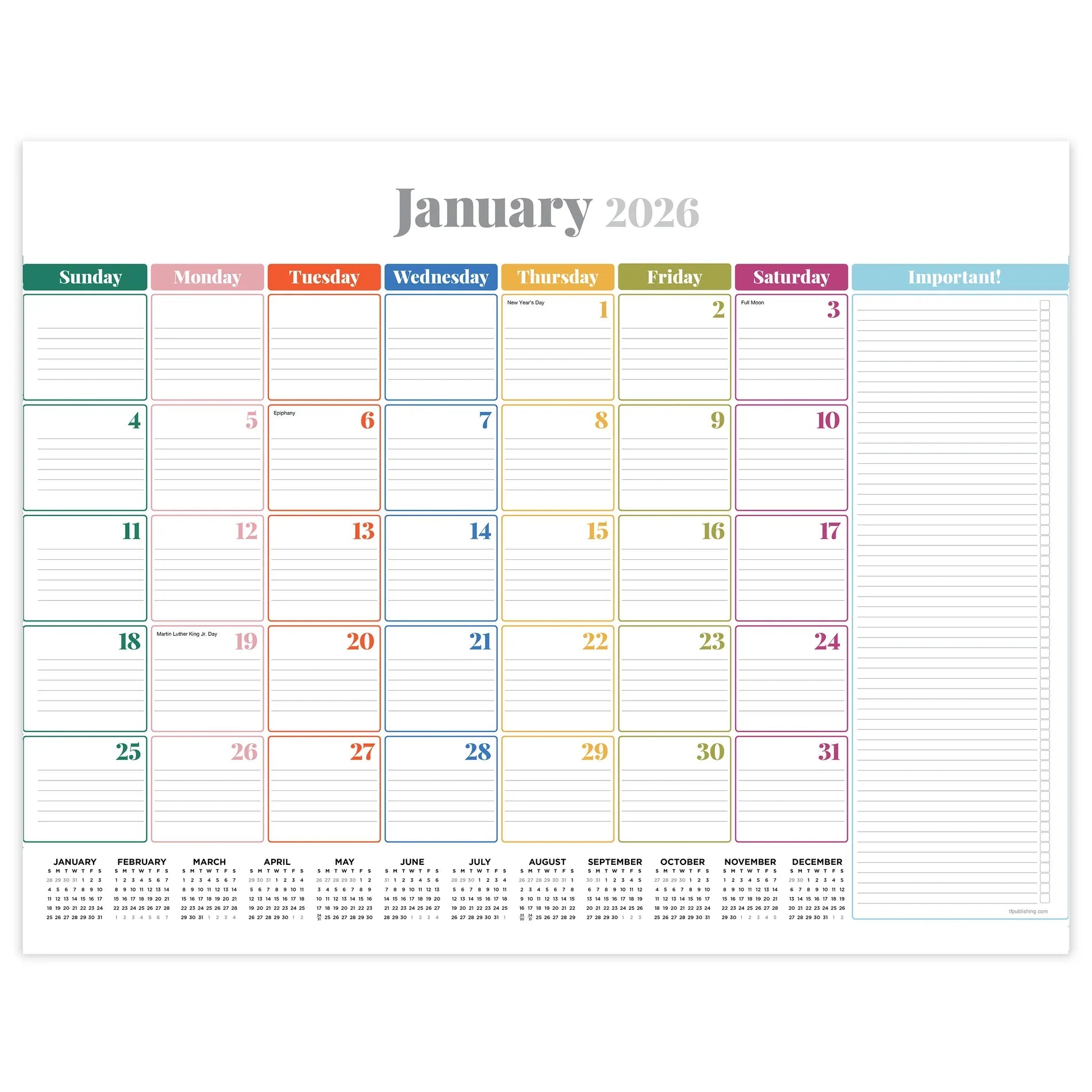 2026 Rainbow Blocks - Large Monthly Desk Pad Blotter Calendar