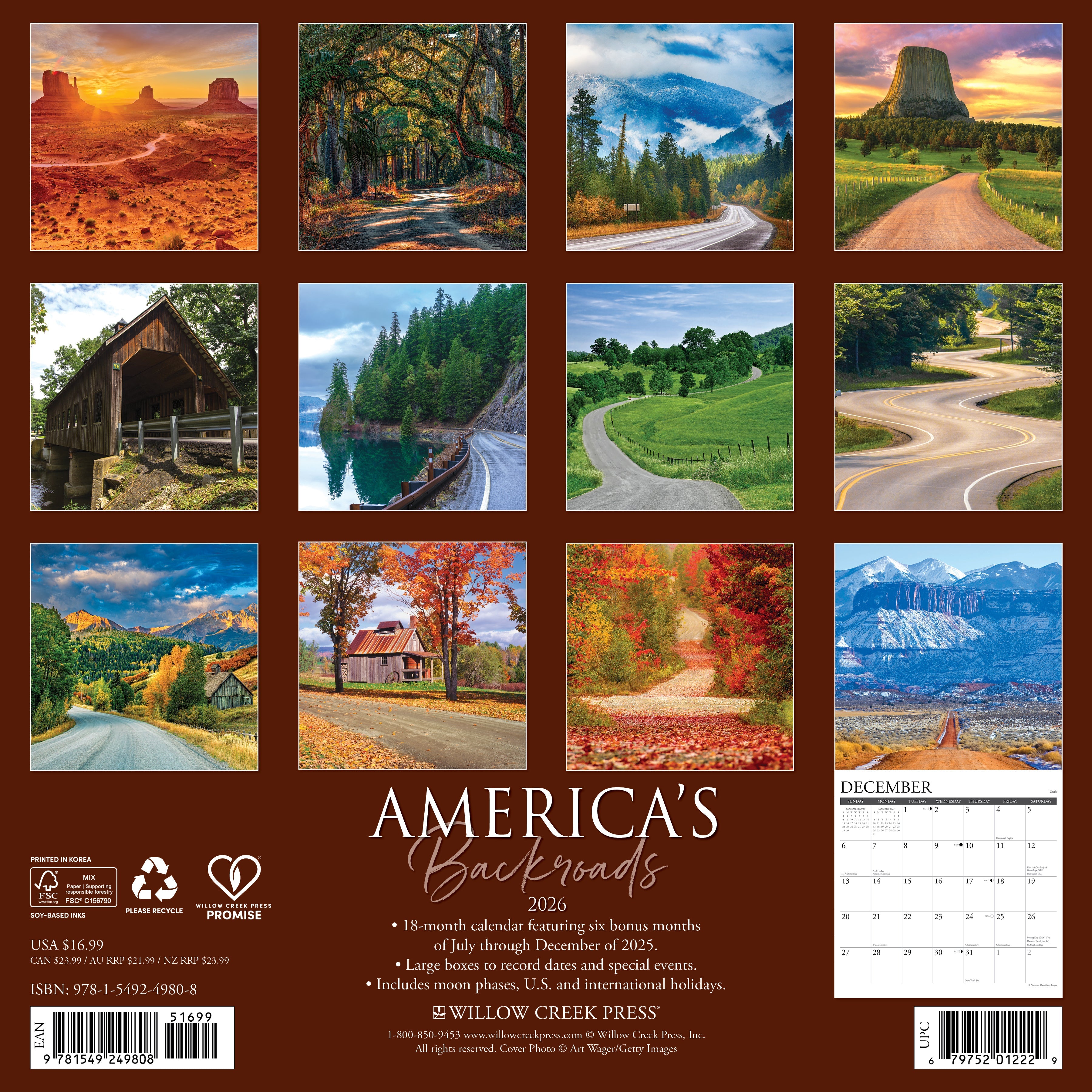 2026 America's Backroads - Square Wall Calendar