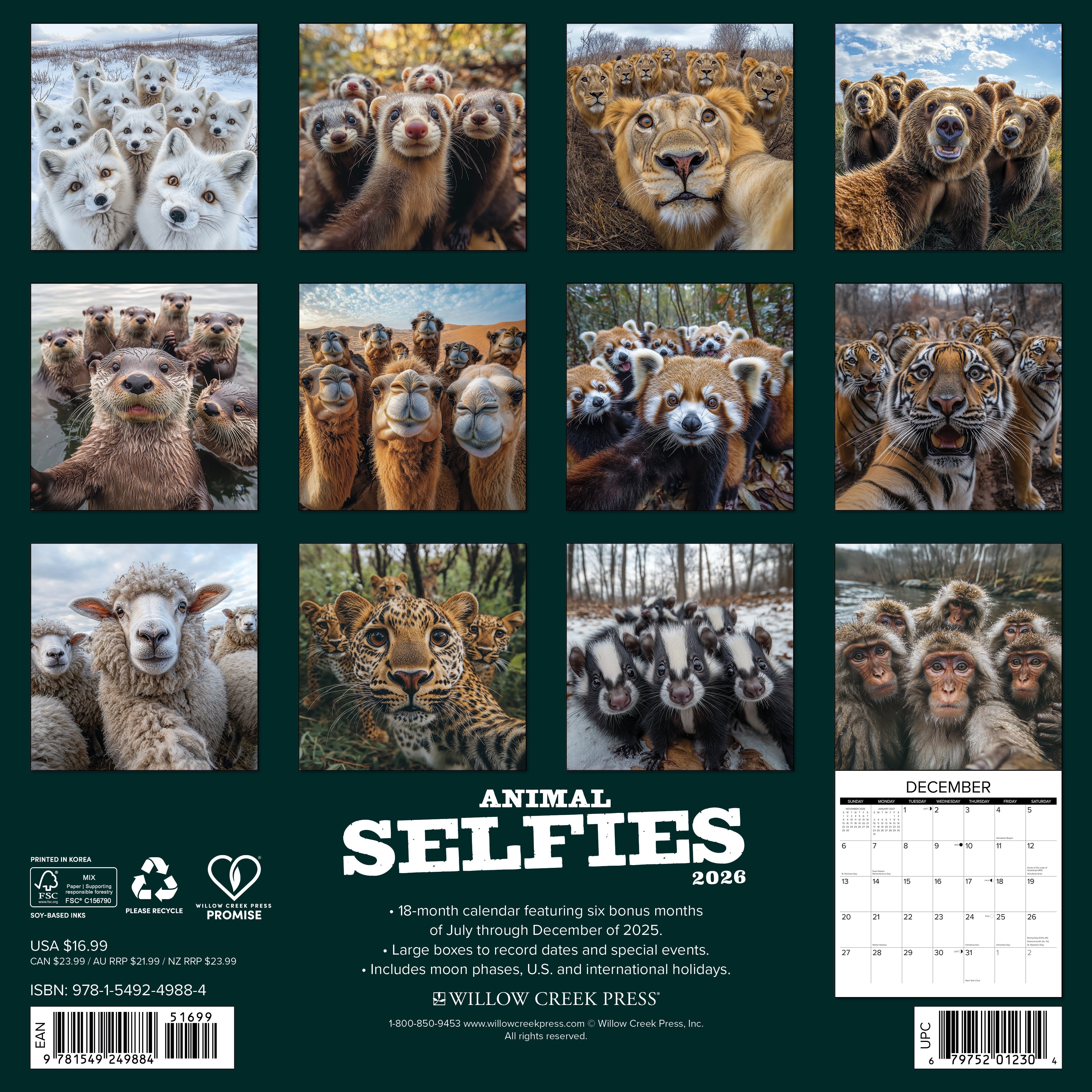 2026 Animal Selfies - Square Wall Calendar
