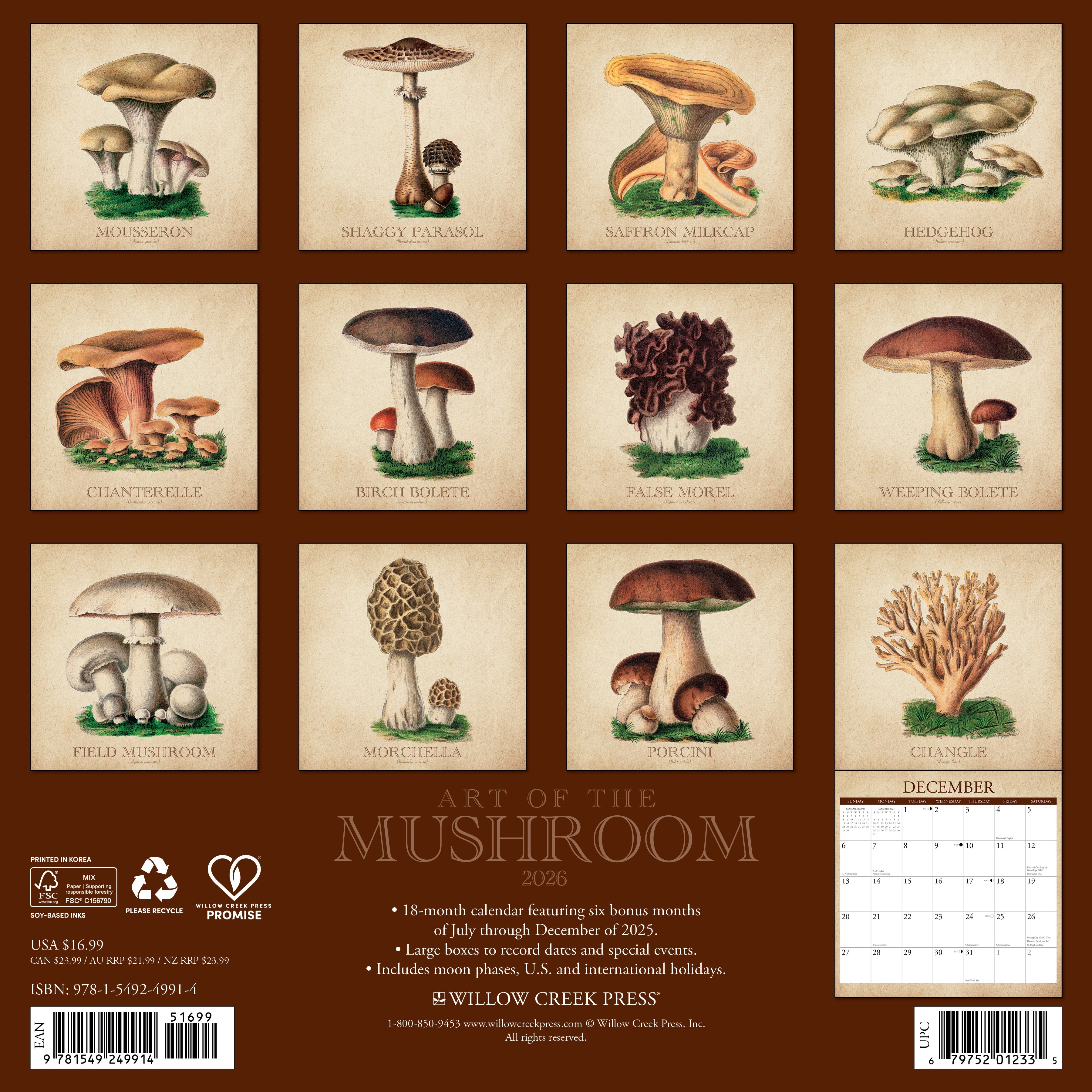 2026 Art of the Mushroom - Square Wall Calendar