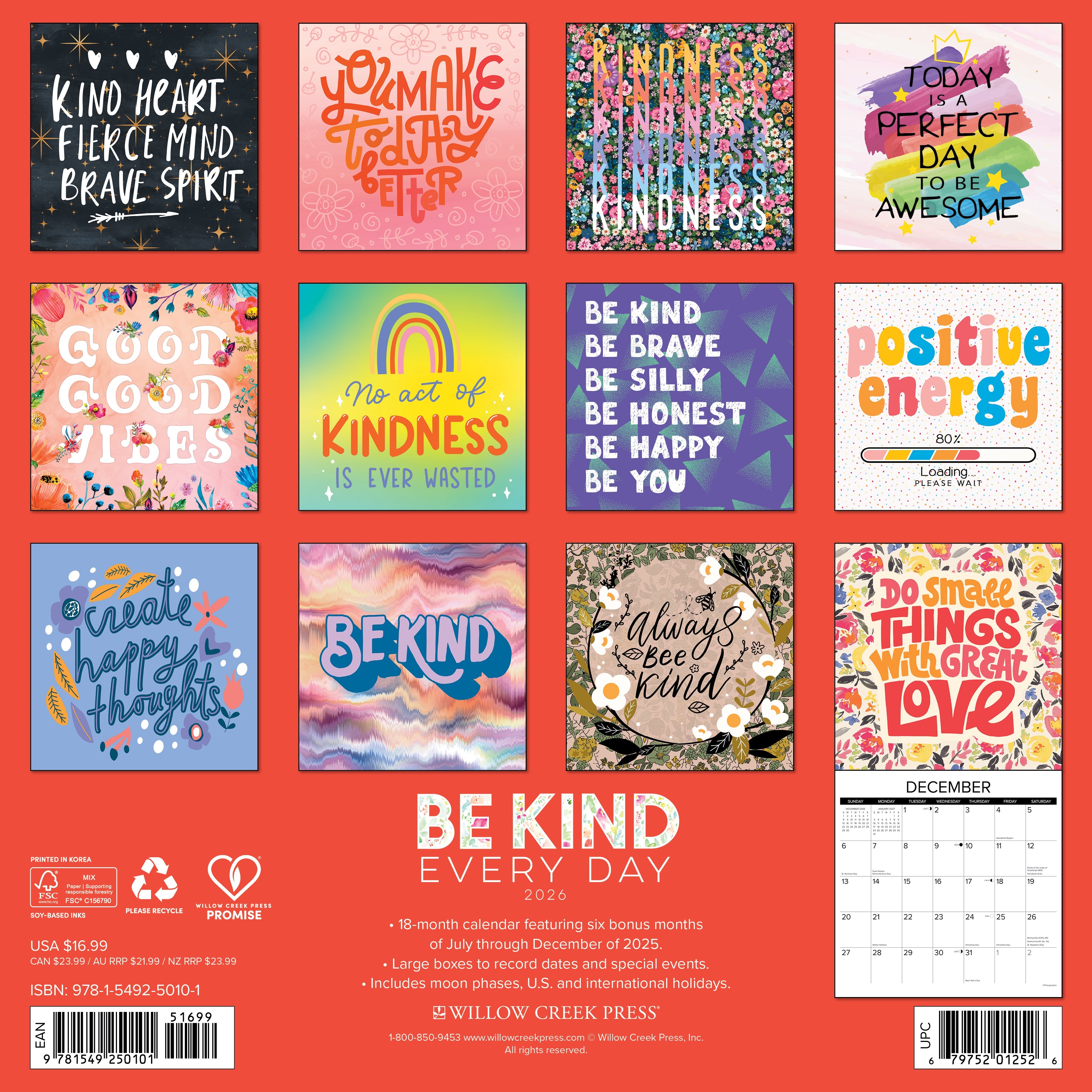 2026 Be Kind Every Day - Square Wall Calendar