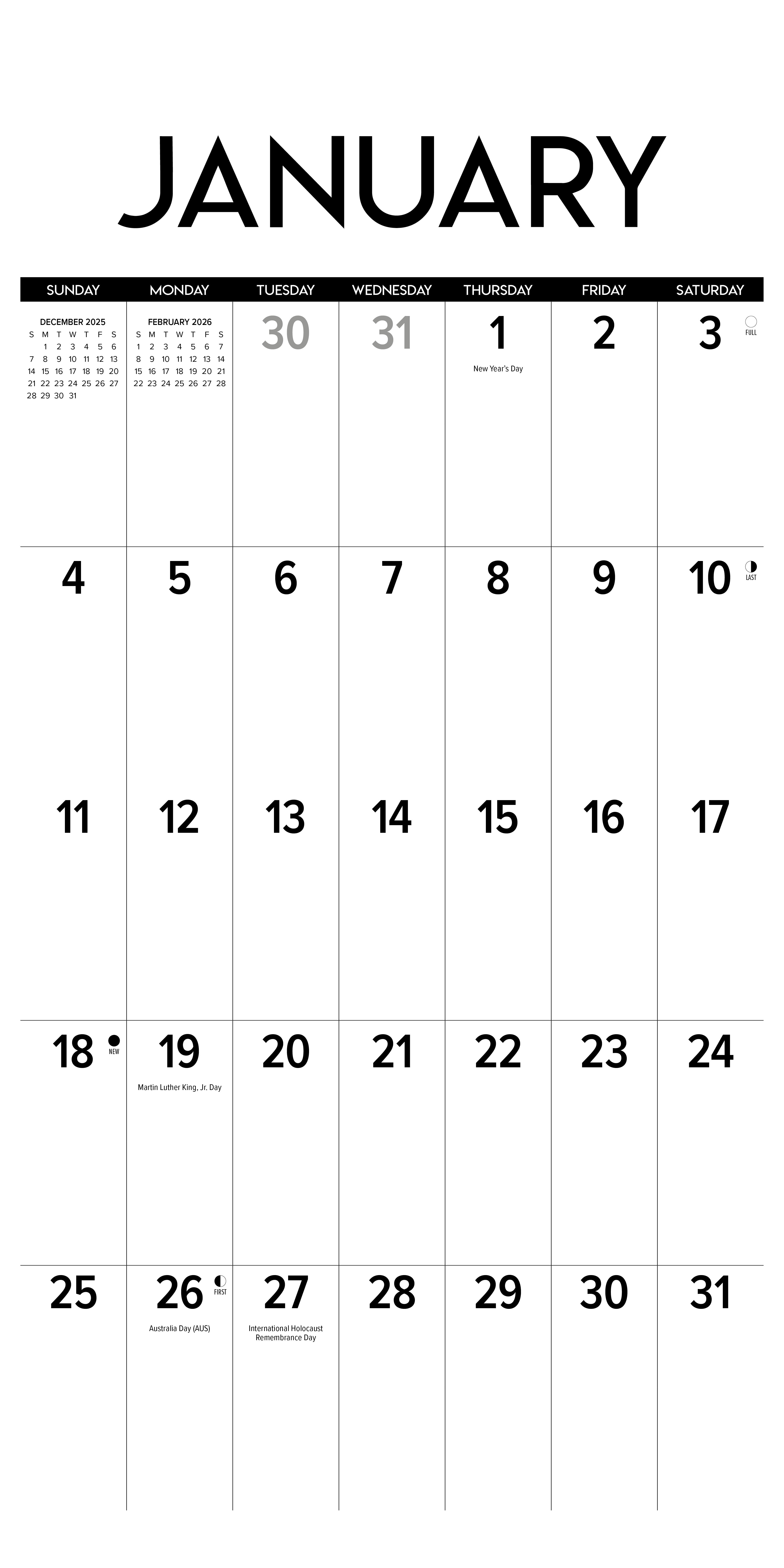 2026 Black & White Professional Large Grid - Square Wall Calendar