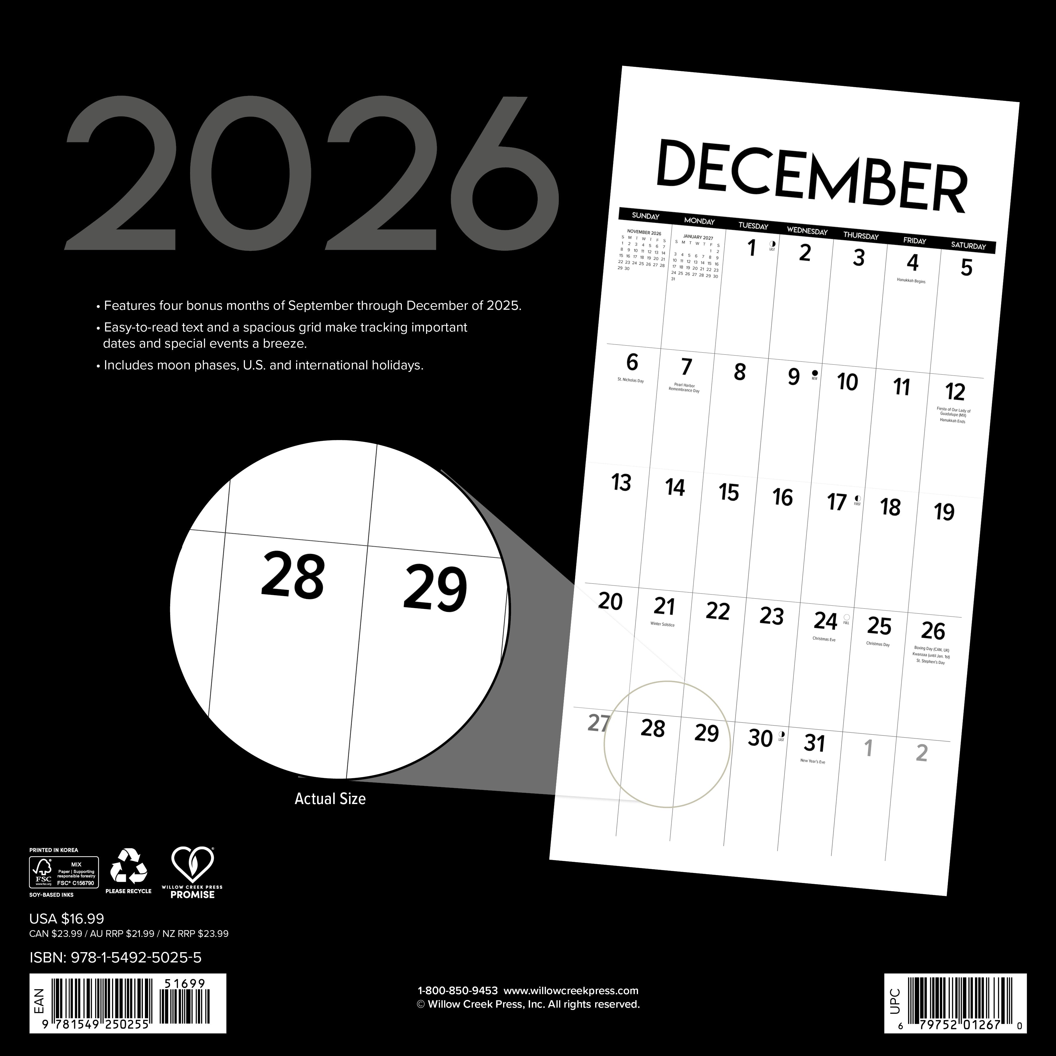 2026 Black & White Professional Large Grid - Square Wall Calendar
