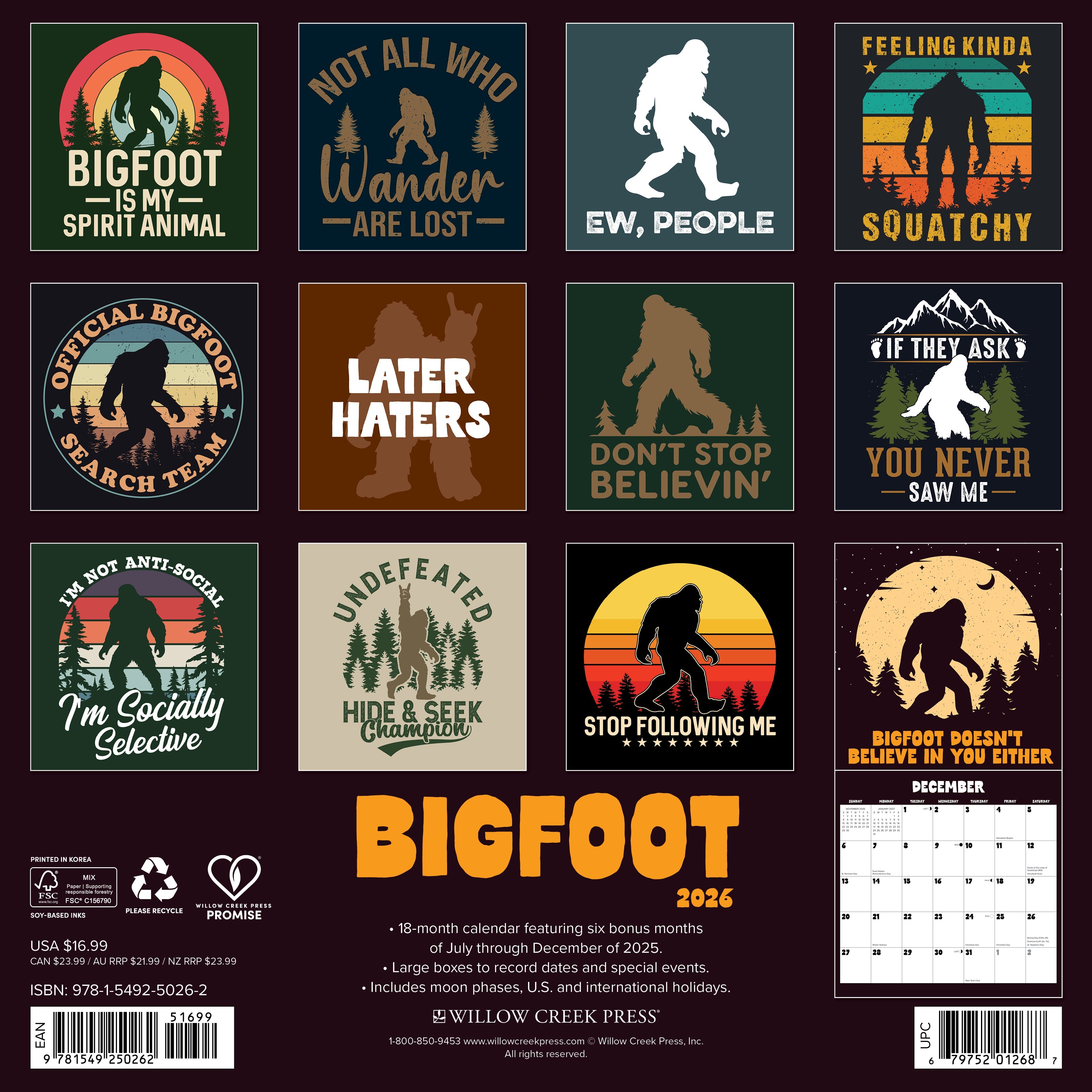 2026 Bigfoot - Square Wall Calendar