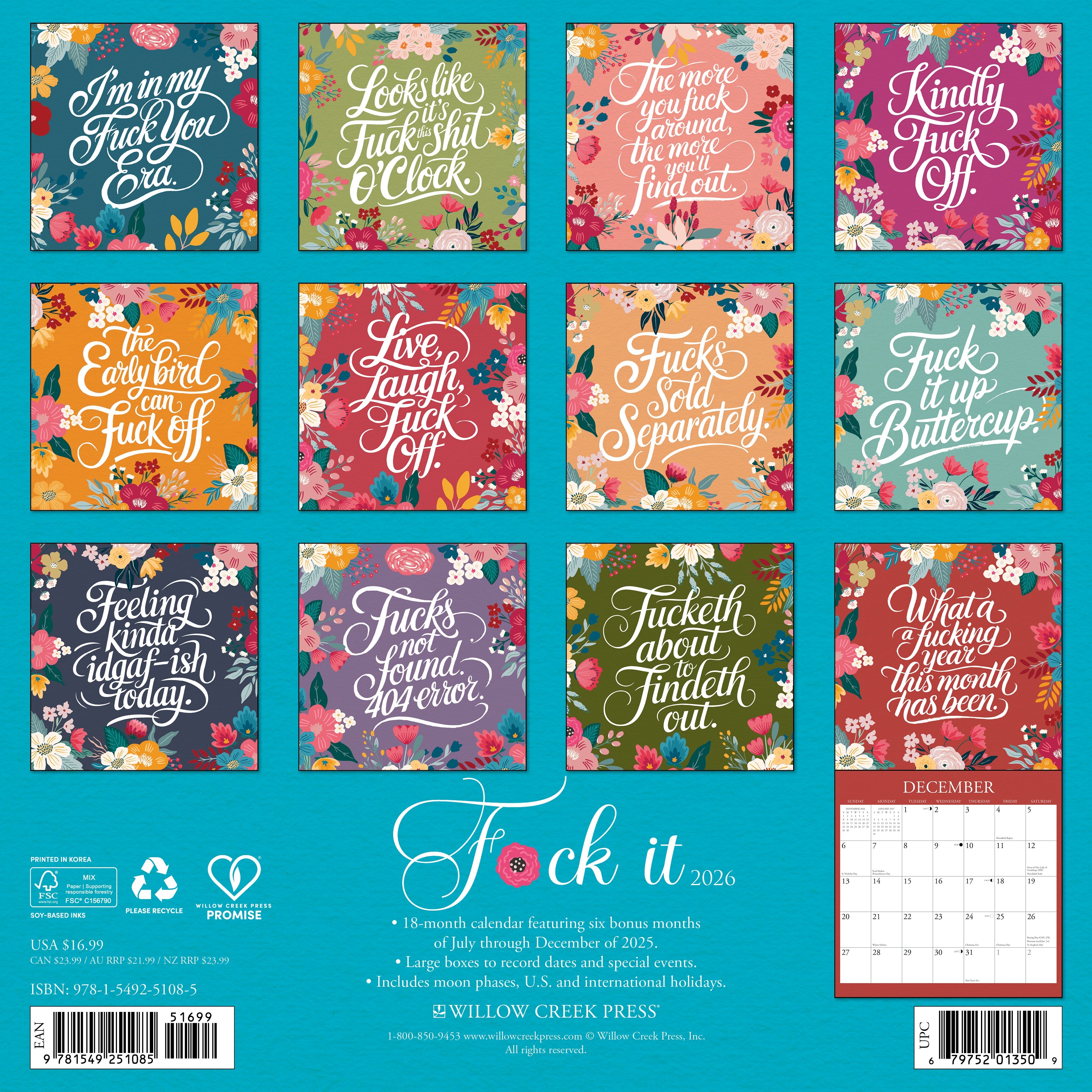 2026 F*CK IT Floral - Square Wall Calendar