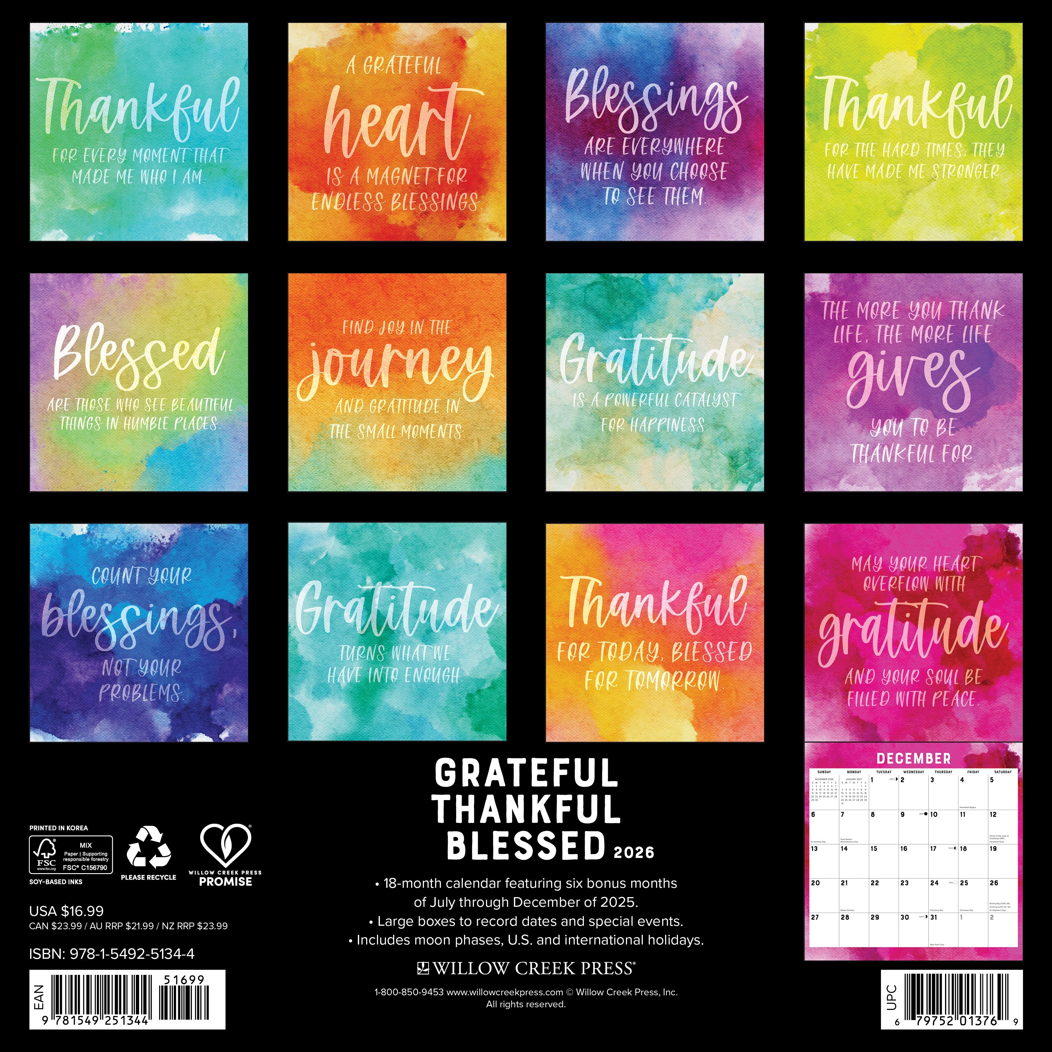 2026 Grateful, Thankful, Blessed - Square Wall Calendar