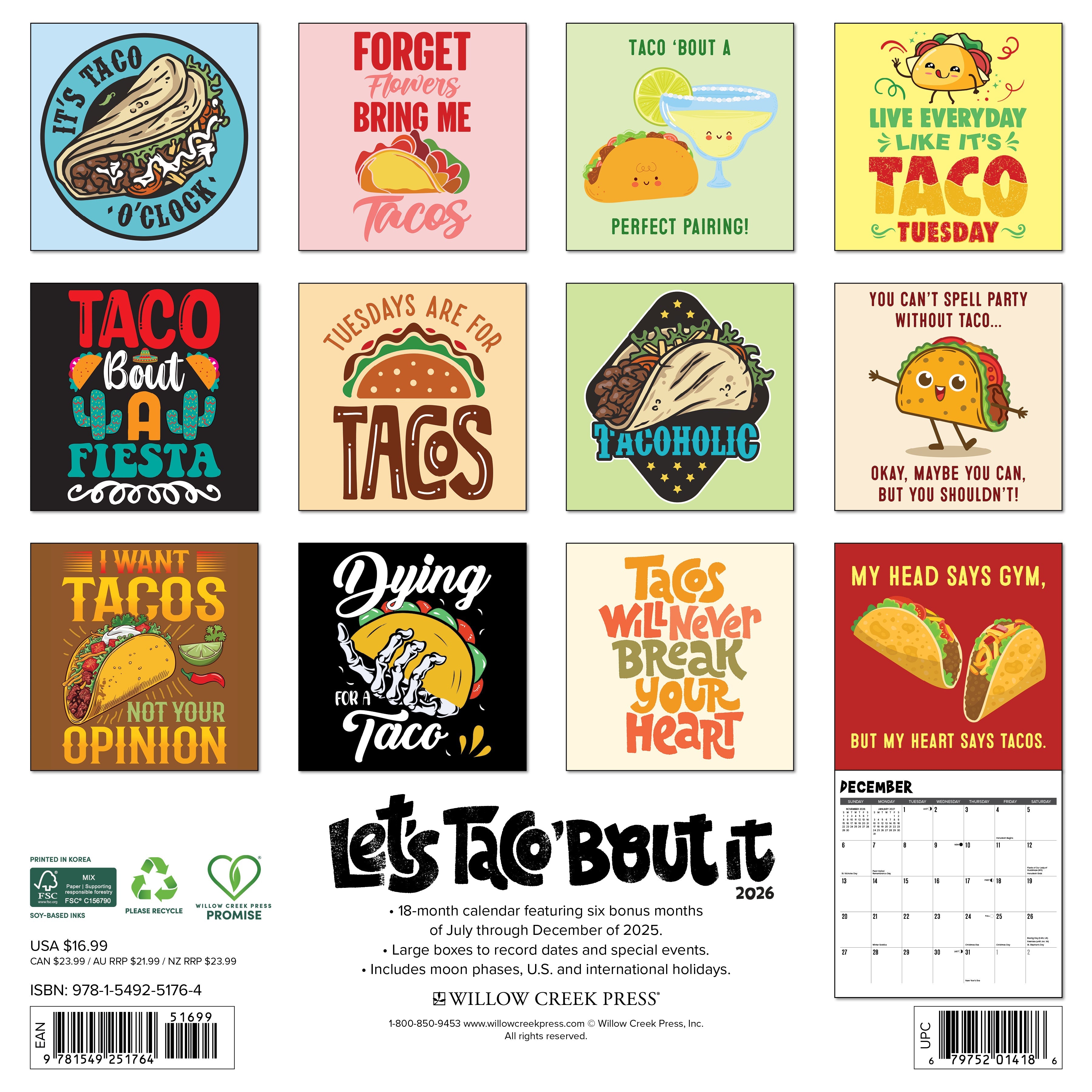 2026 Let's Taco About It - Square Wall Calendar