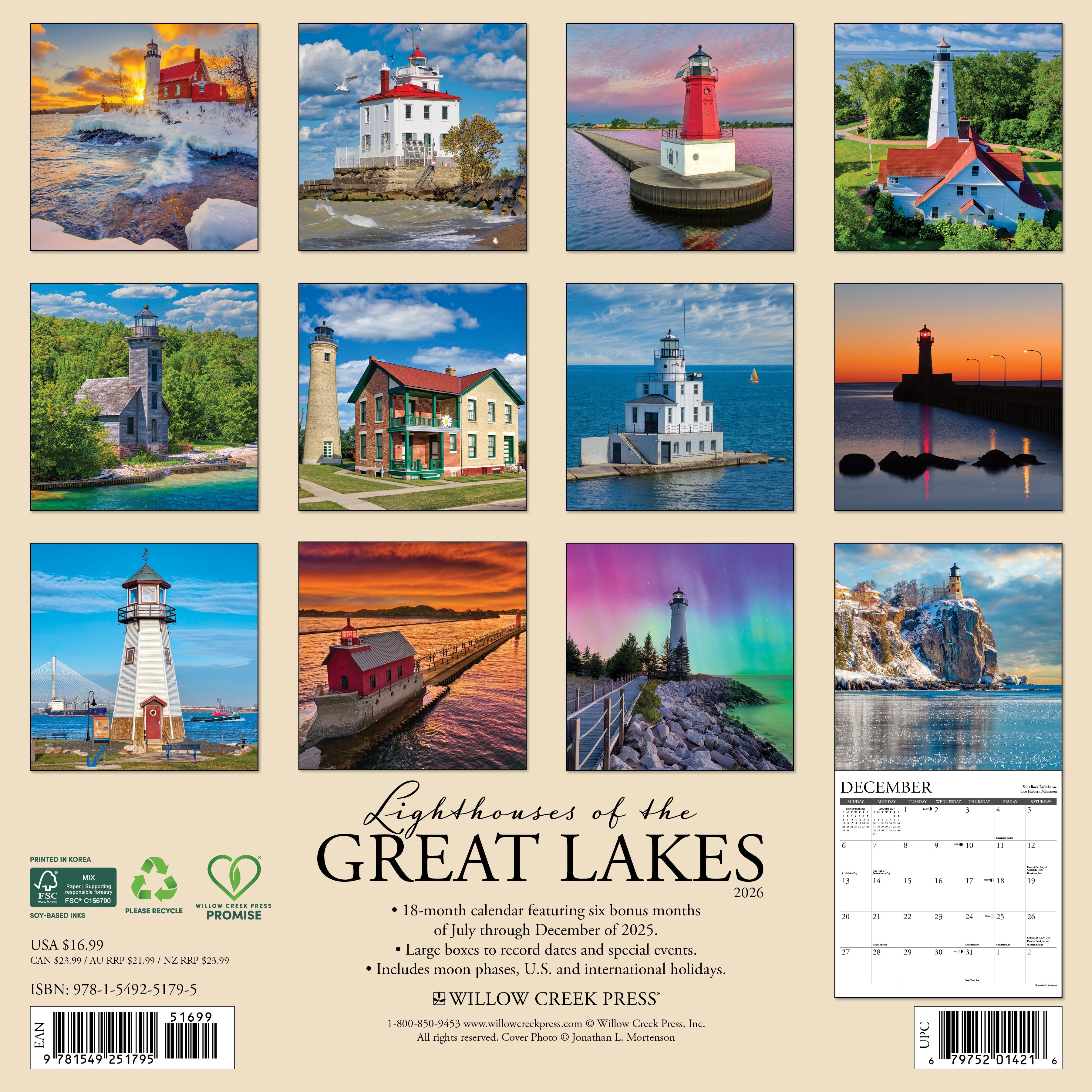 2026 Lighthouses of the Great Lakes - Square Wall Calendar