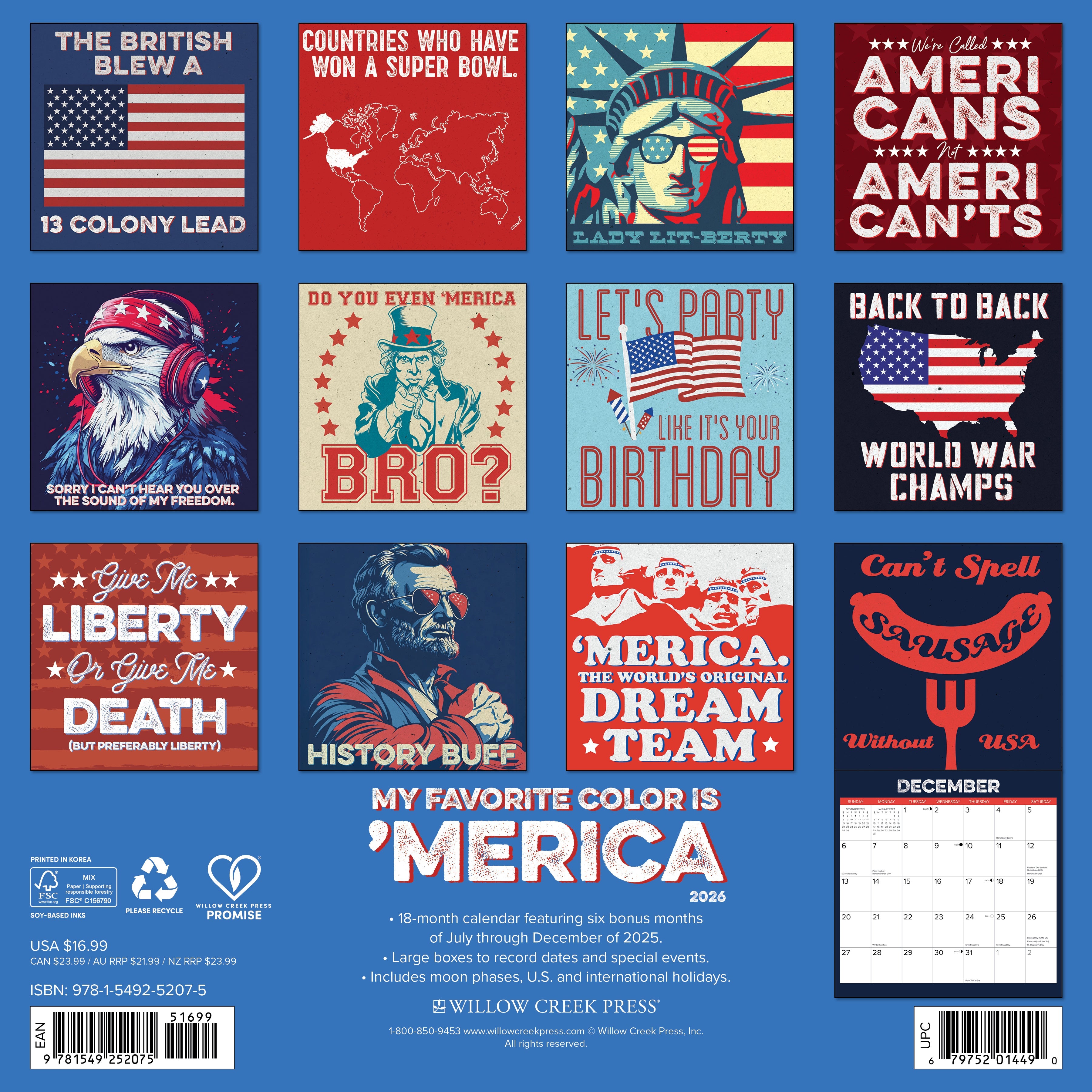 2026 My Favorite Color is 'Merica - Square Wall Calendar