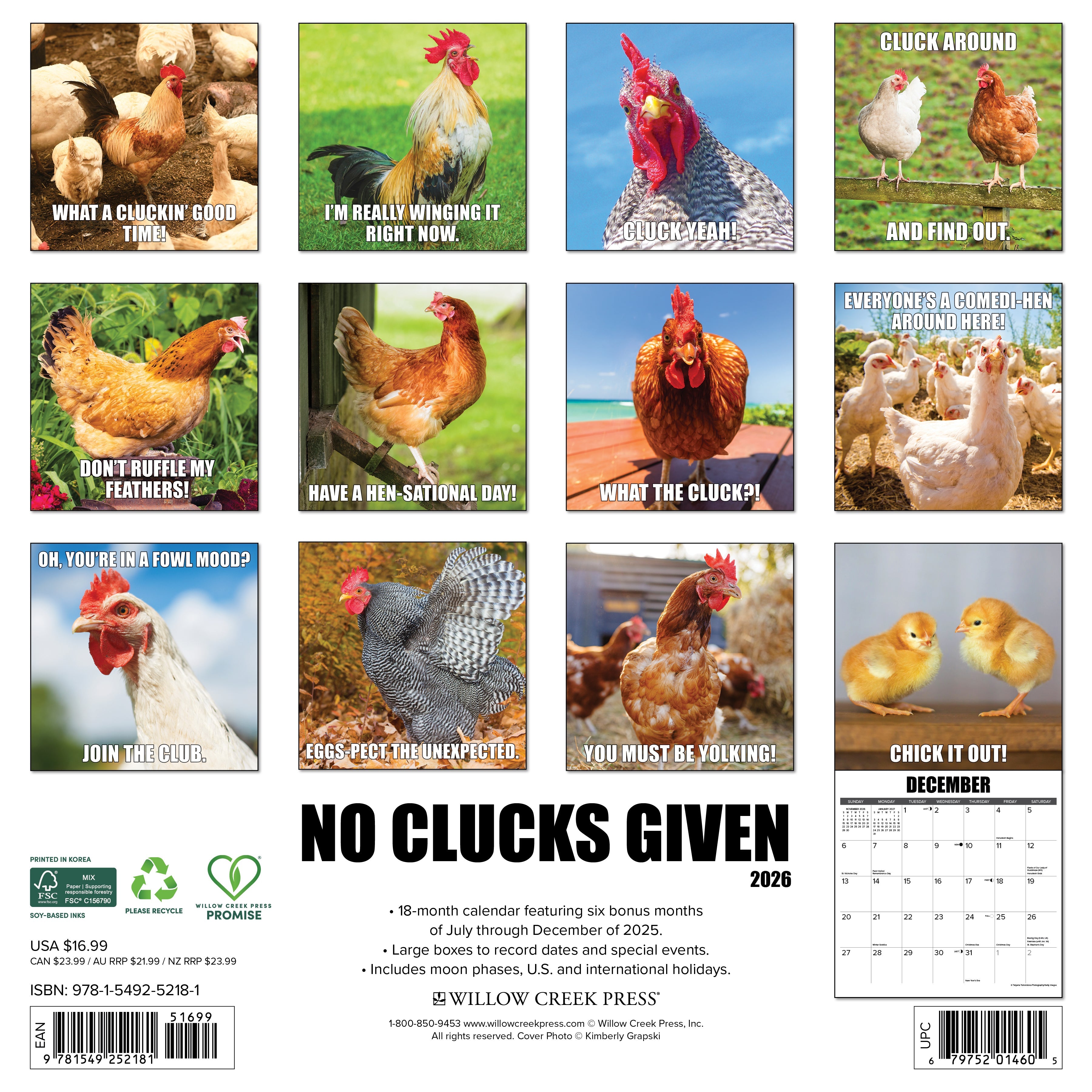 2026 No Clucks Given - Square Wall Calendar