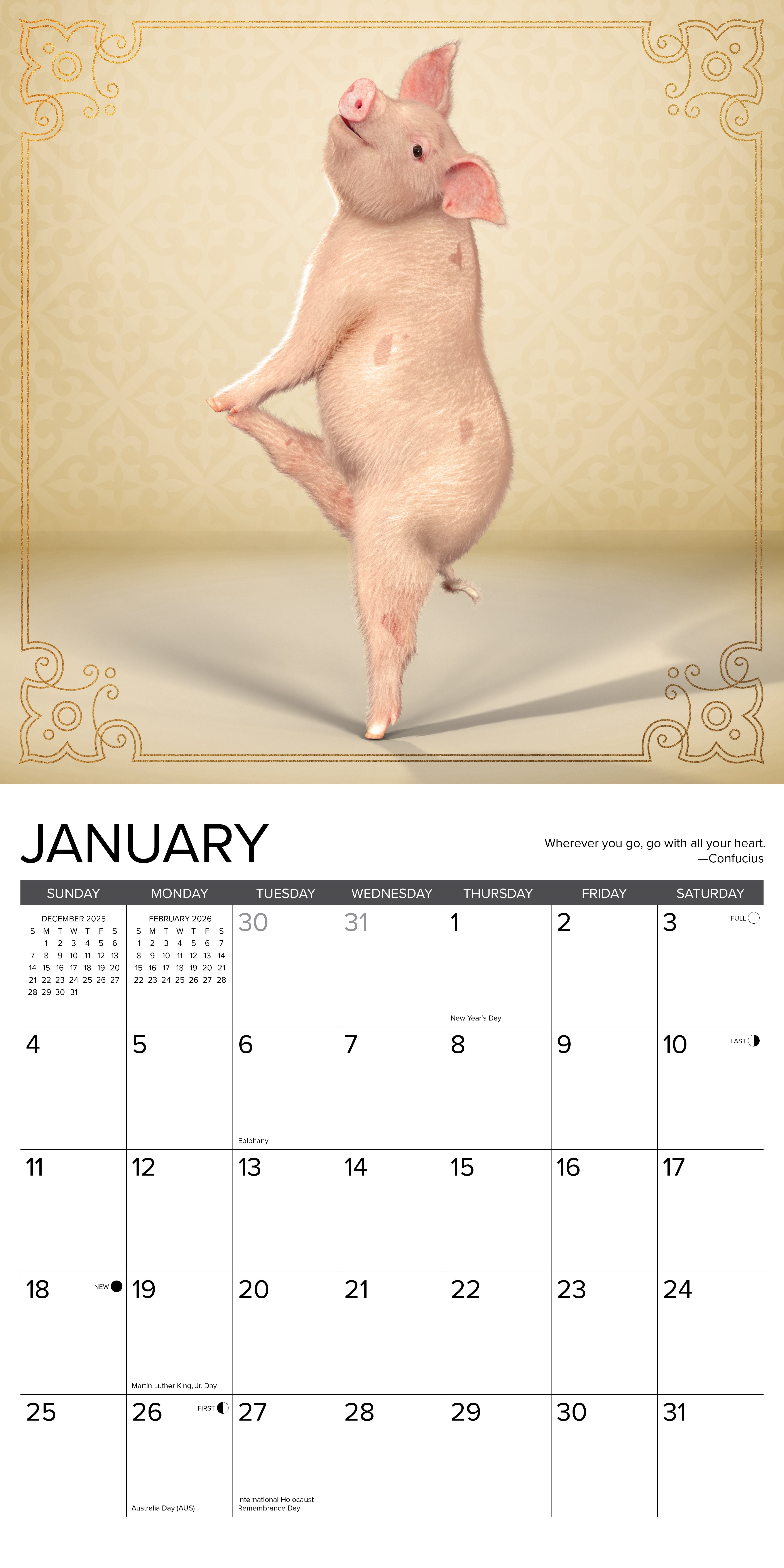 2026 Pig Pilates - Square Wall Calendar