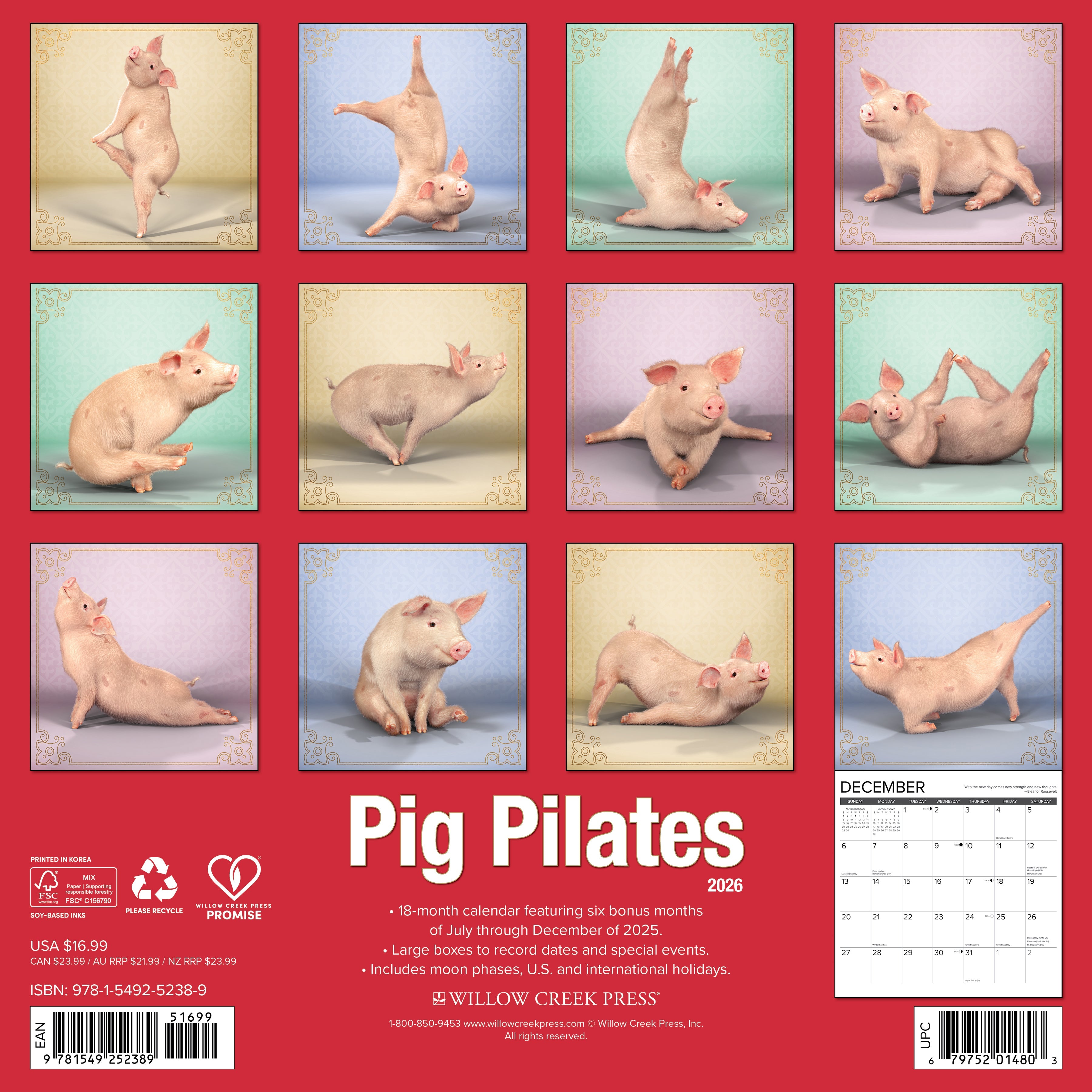 2026 Pig Pilates - Square Wall Calendar