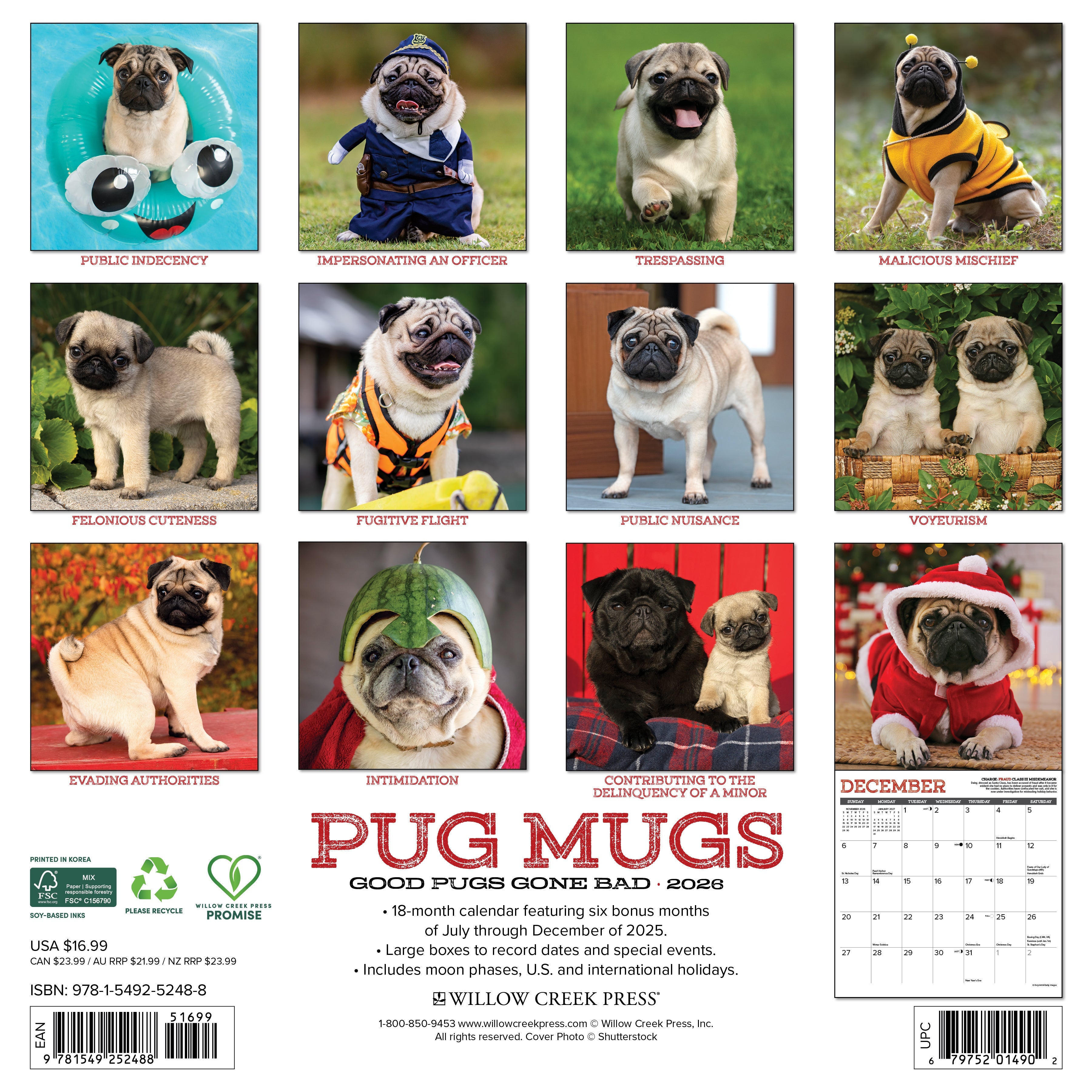 2026 Pug Mugs - Square Wall Calendar