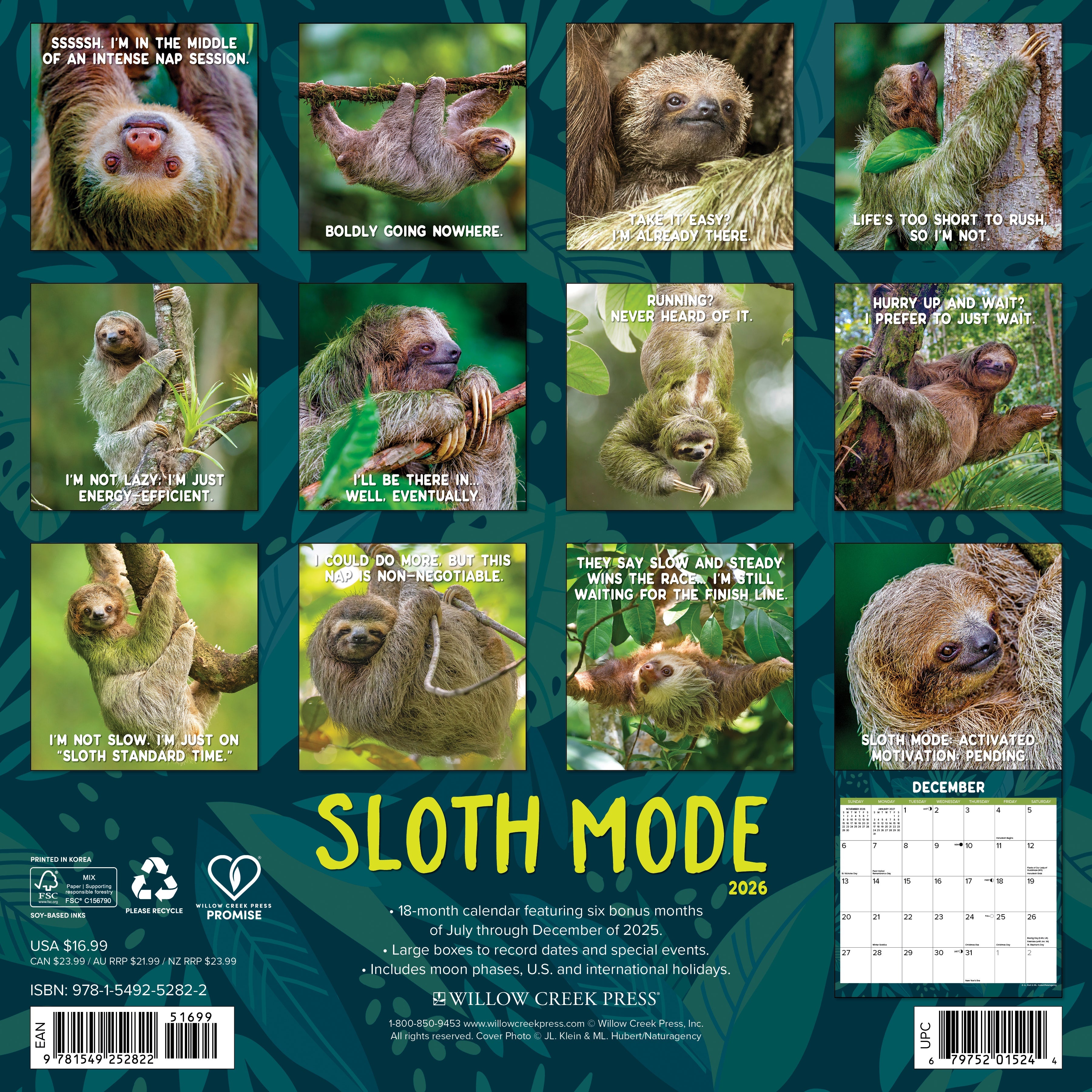 2026 Sloth Mode - Square Wall Calendar