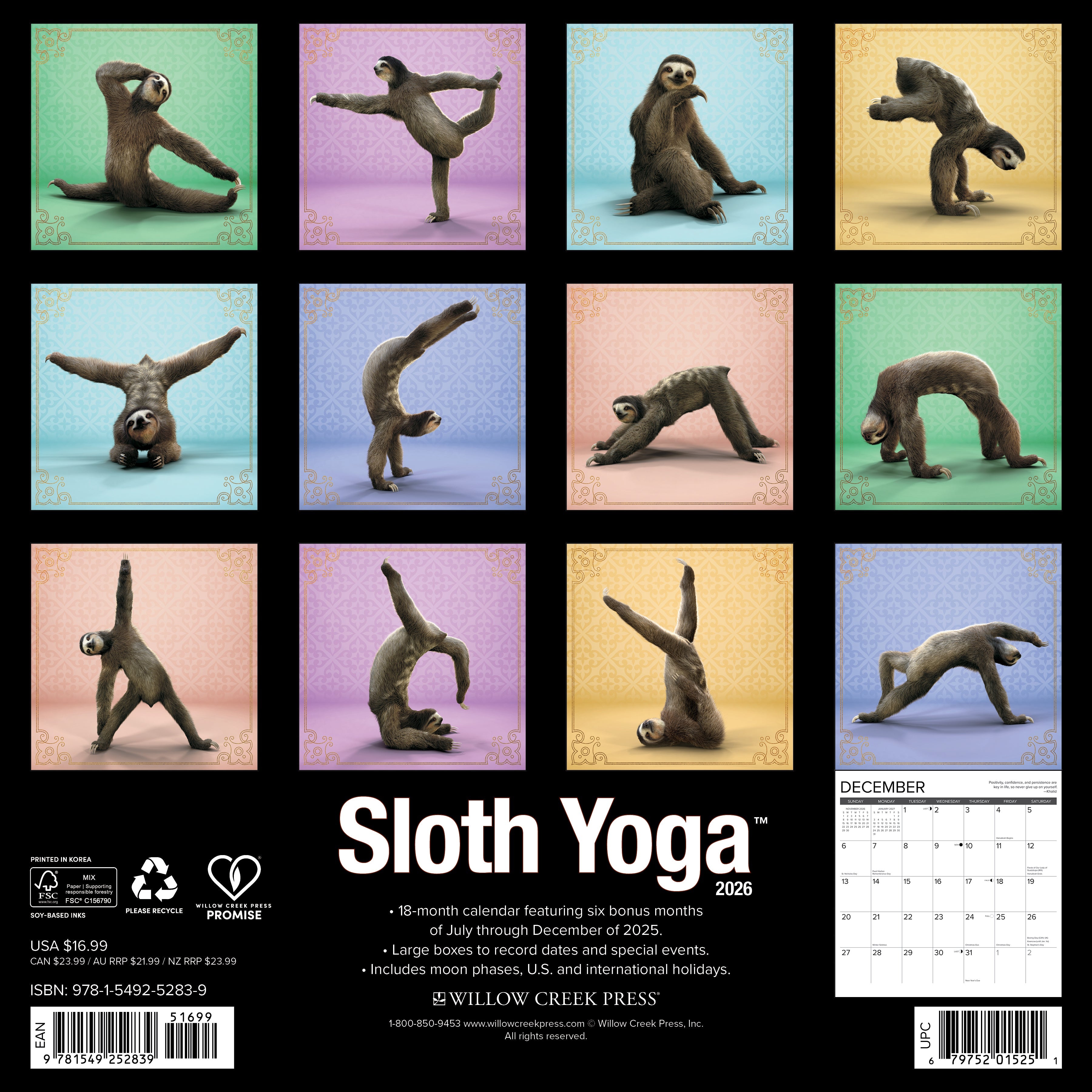 2026 Sloth Yoga - Square Wall Calendar