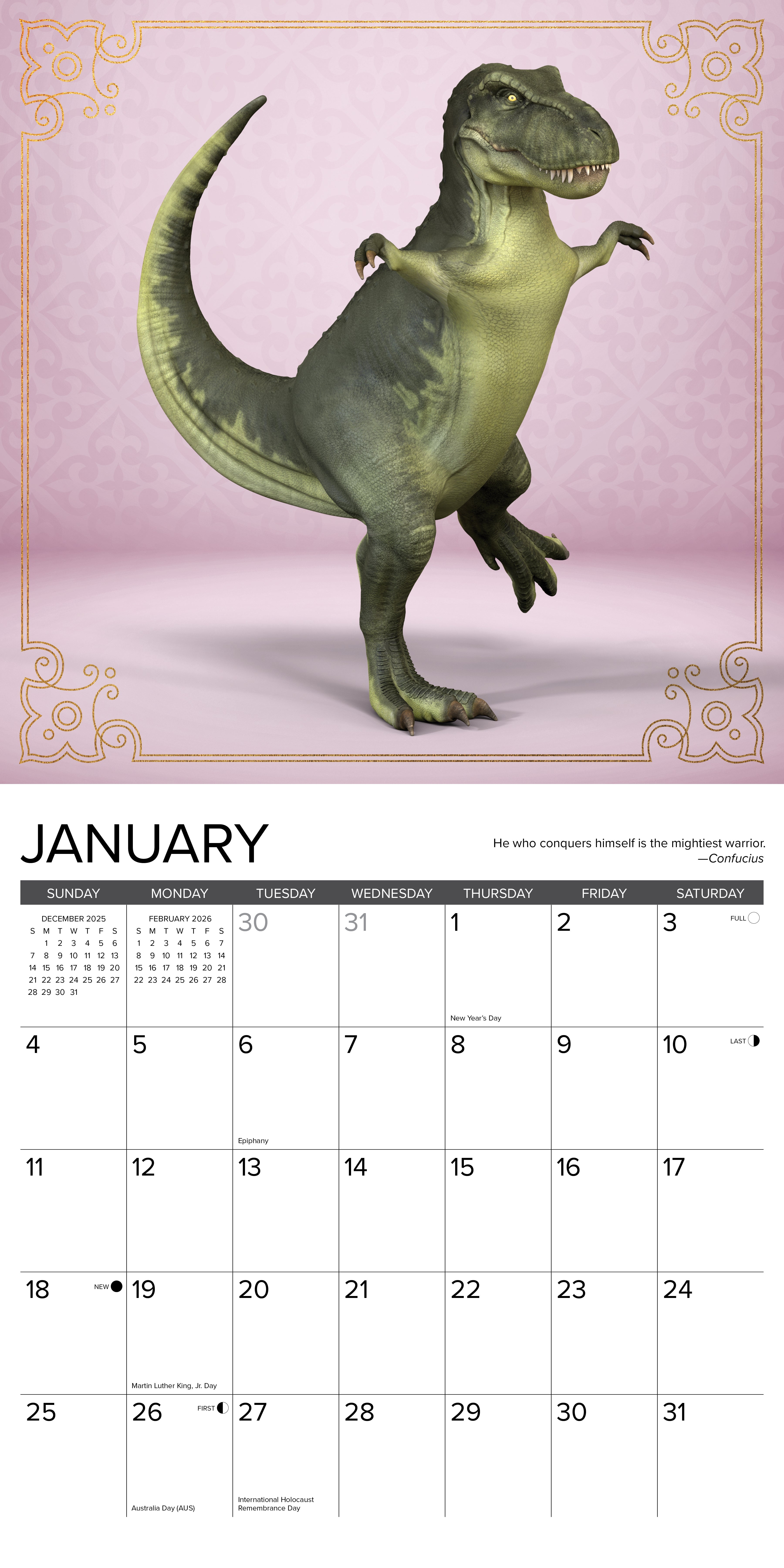 2026 T-Rex Yoga - Square Wall Calendar
