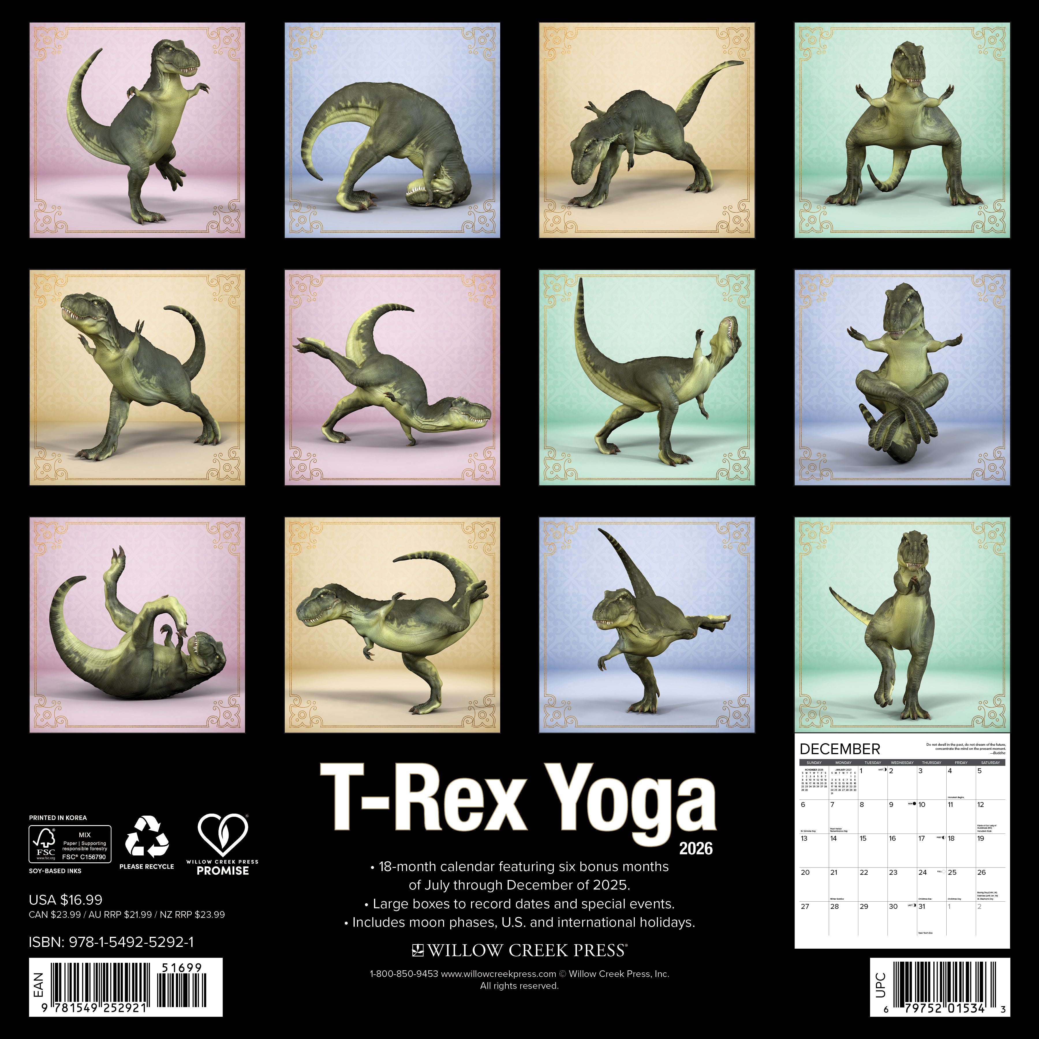 2026 T-Rex Yoga - Square Wall Calendar