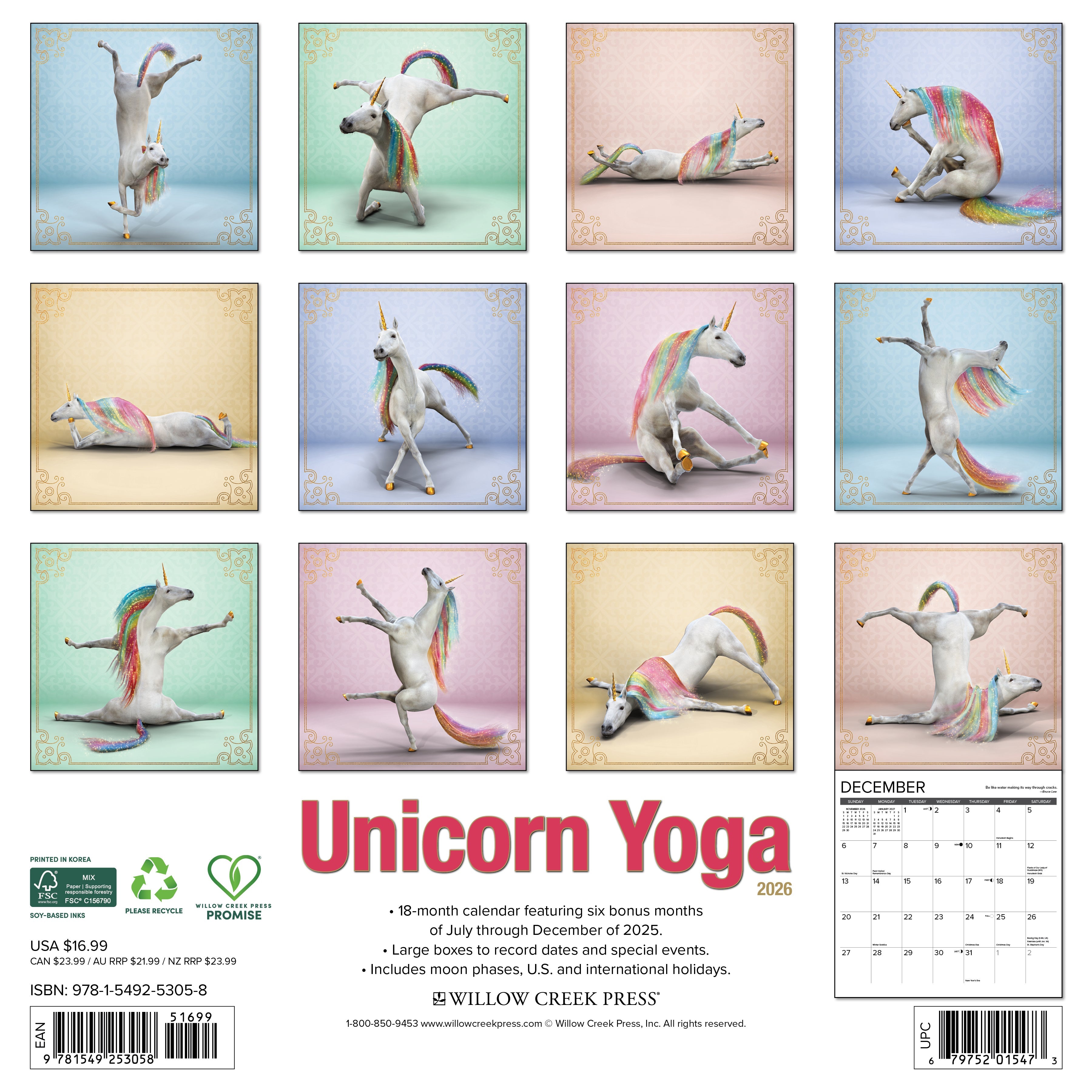 2026 Unicorn Yoga - Square Wall Calendar