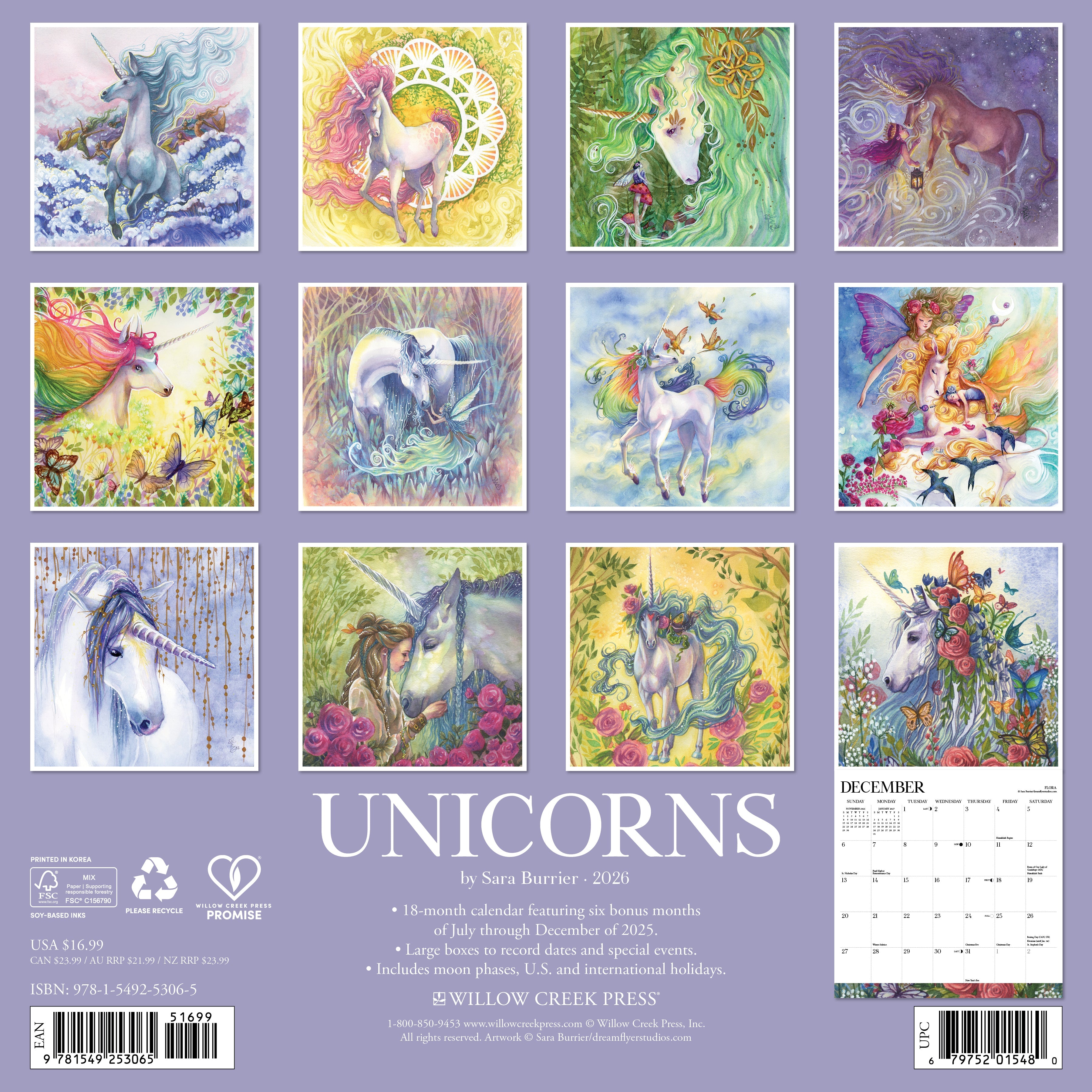 2026 Unicorns by Sara Burrier - Square Wall Calendar