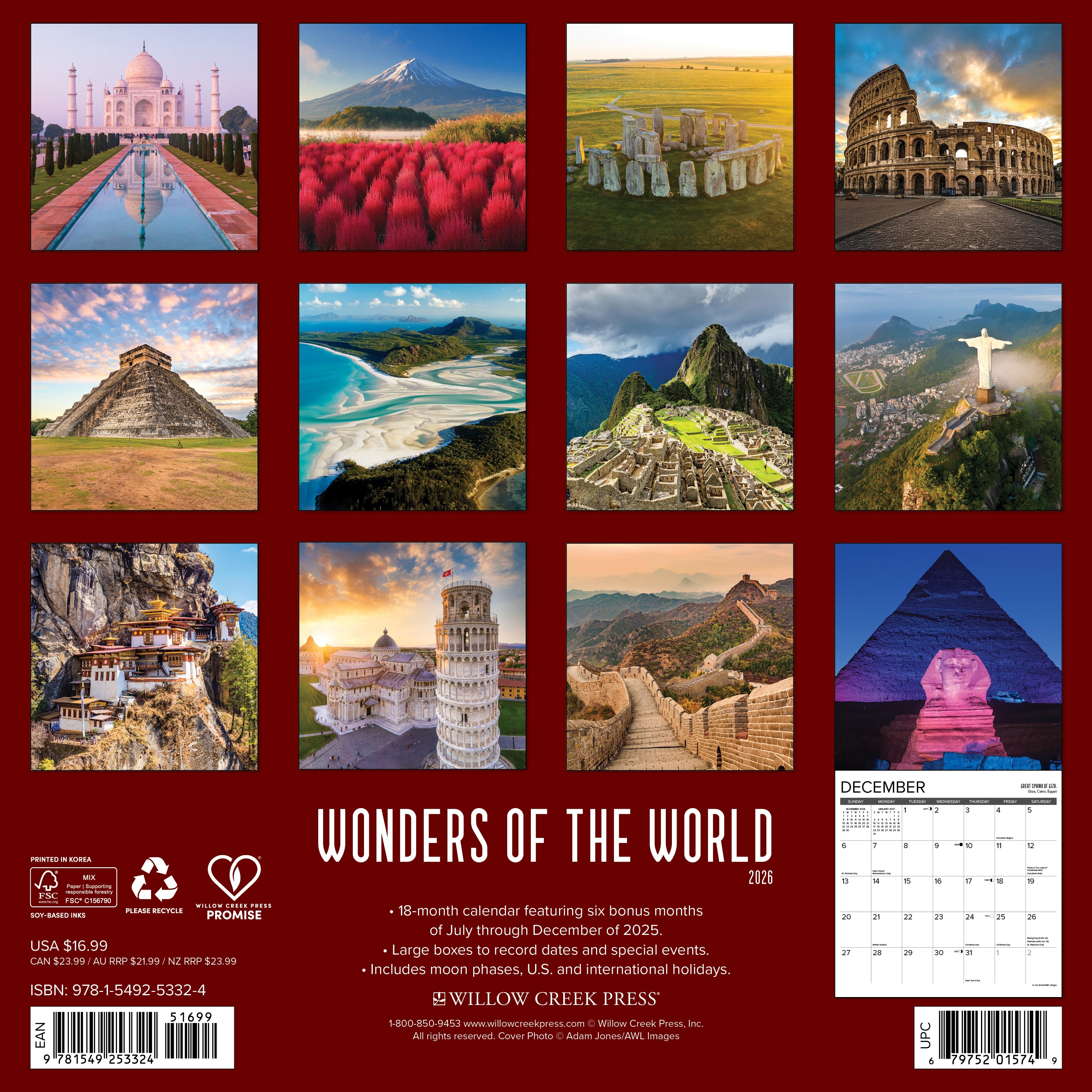 2026 Wonders of the World - Square Wall Calendar