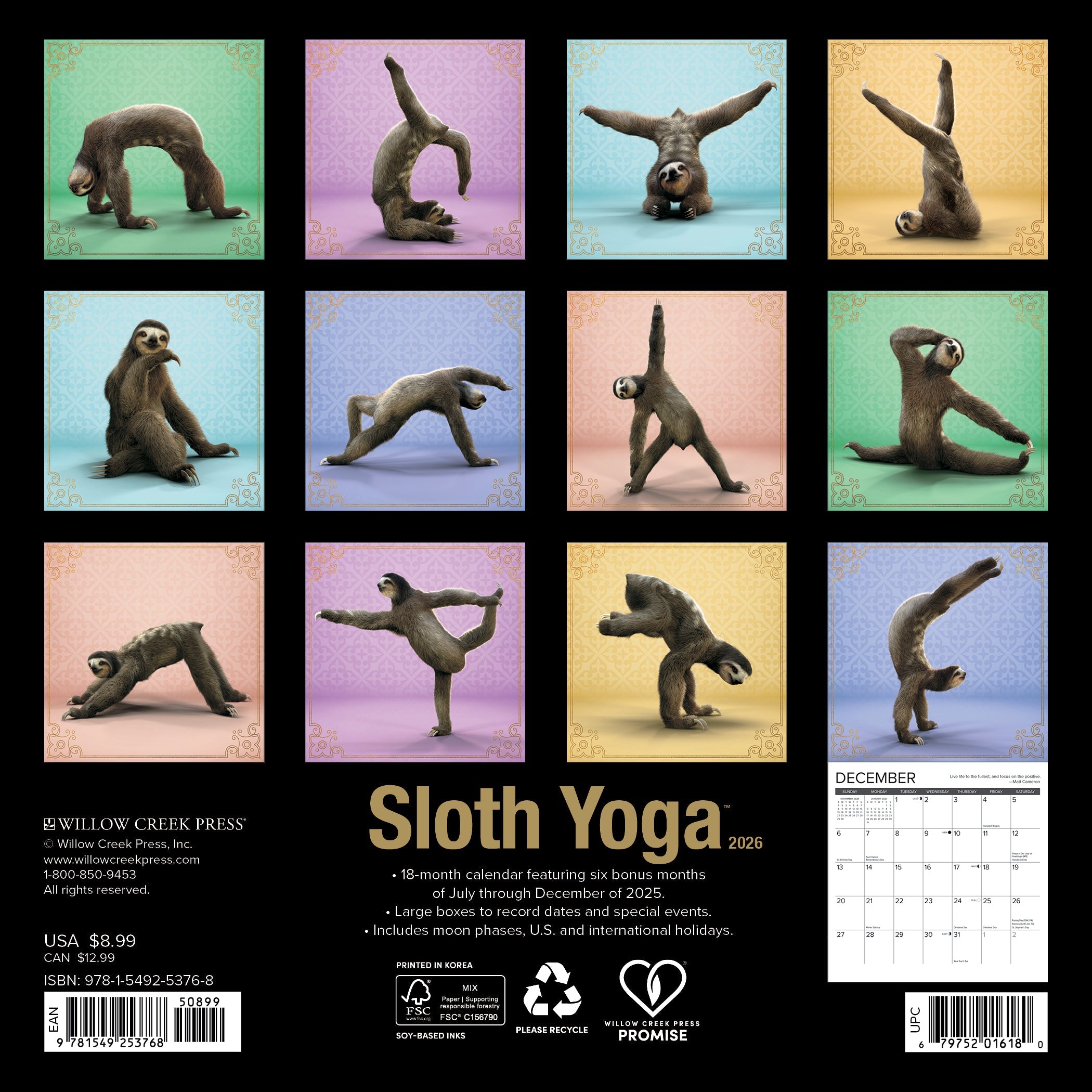 2026 Sloth Yoga - Mini Wall Calendar