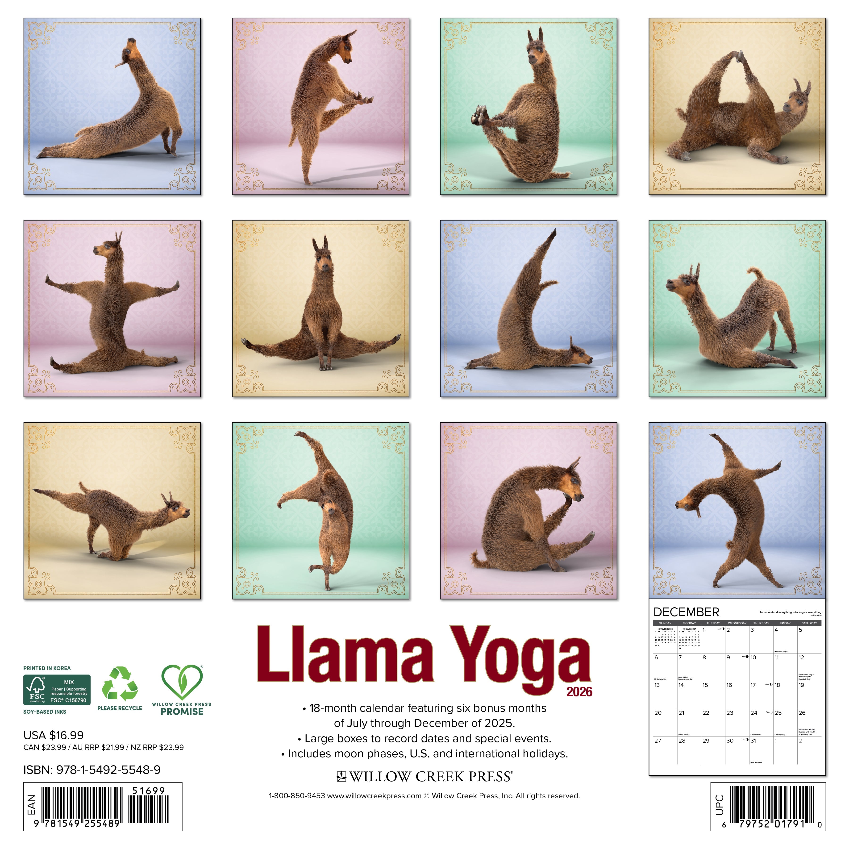 2026 Llama Yoga - Square Wall Calendar