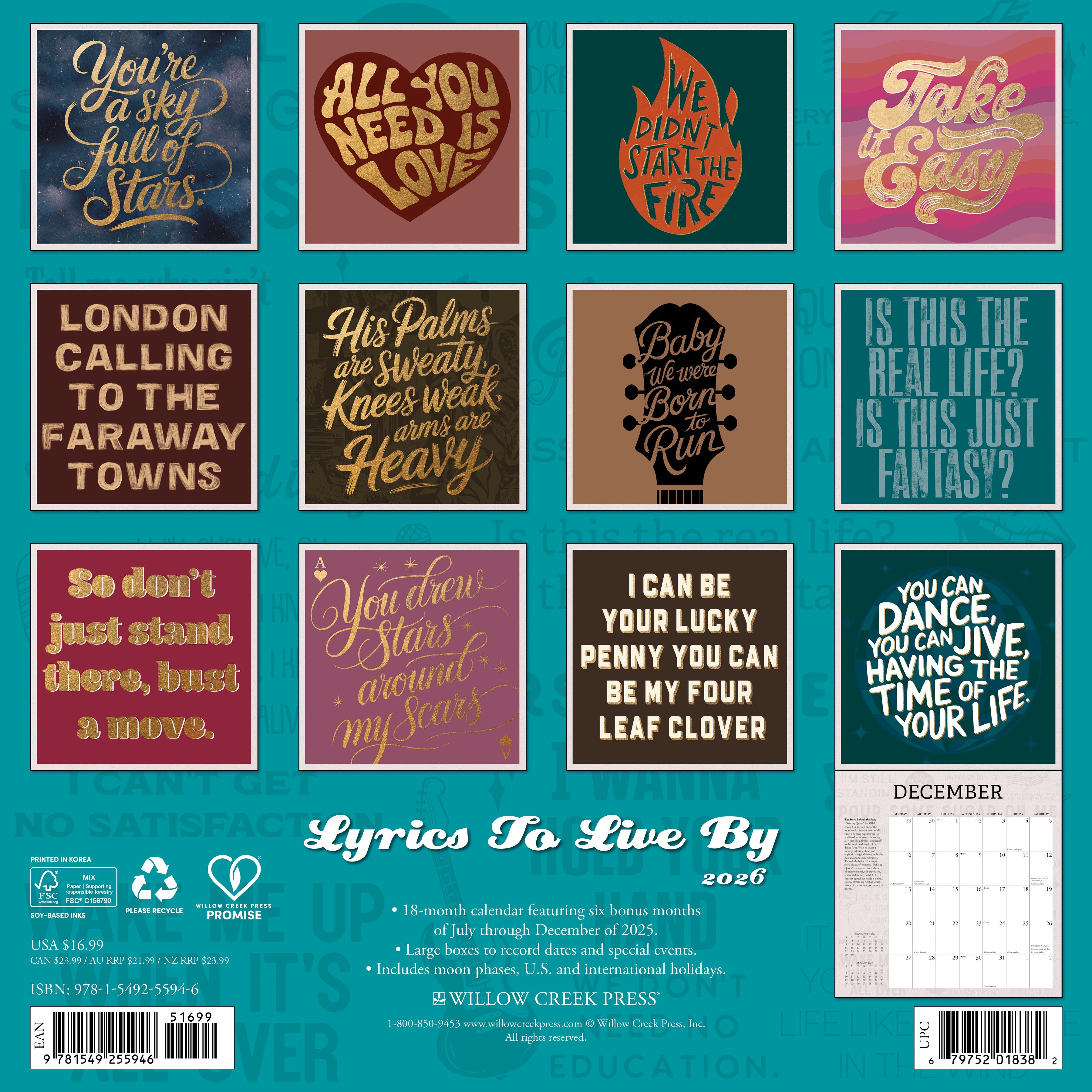 2026 Lyrics to Live By - Square Wall Calendar