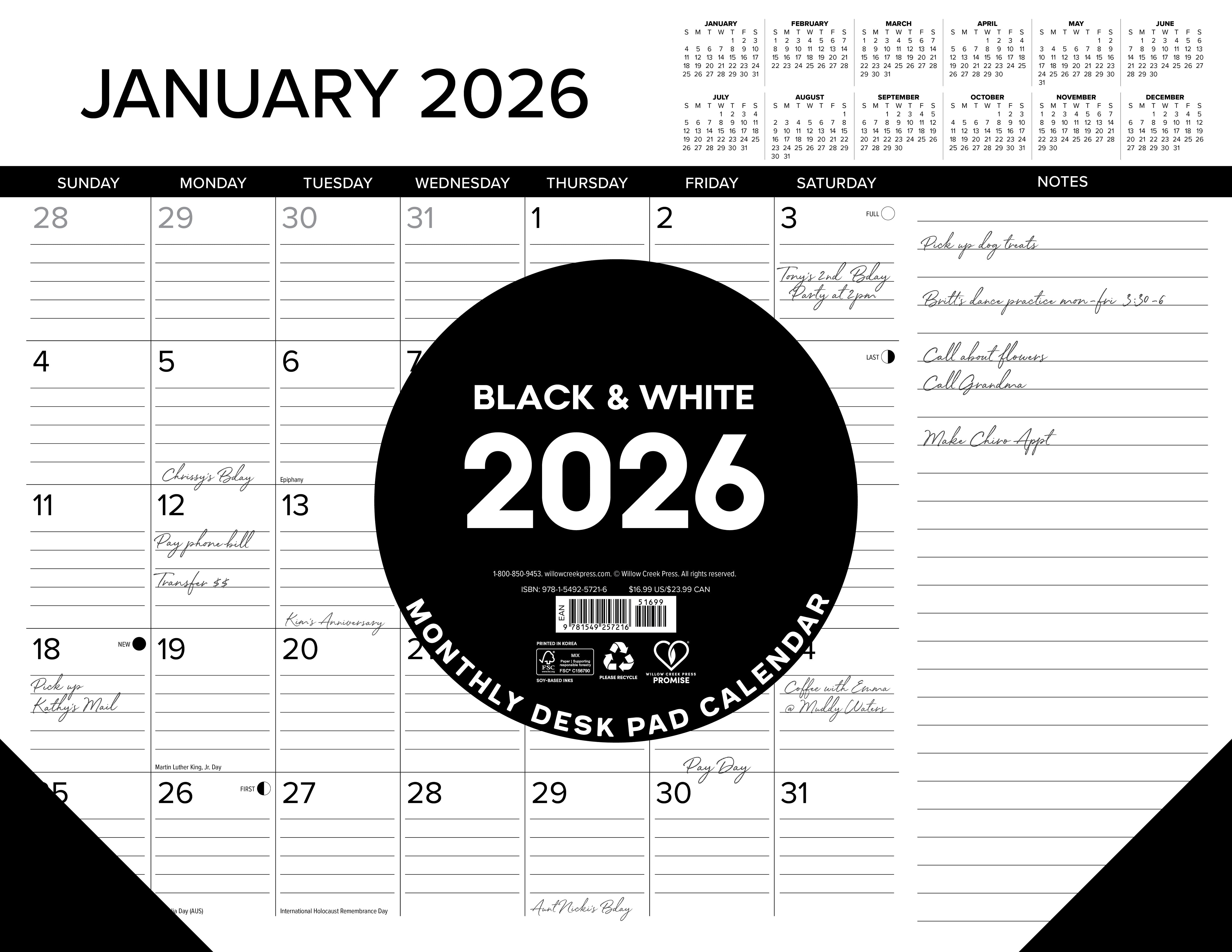 2026 Black & White with Lines - Desk Pad