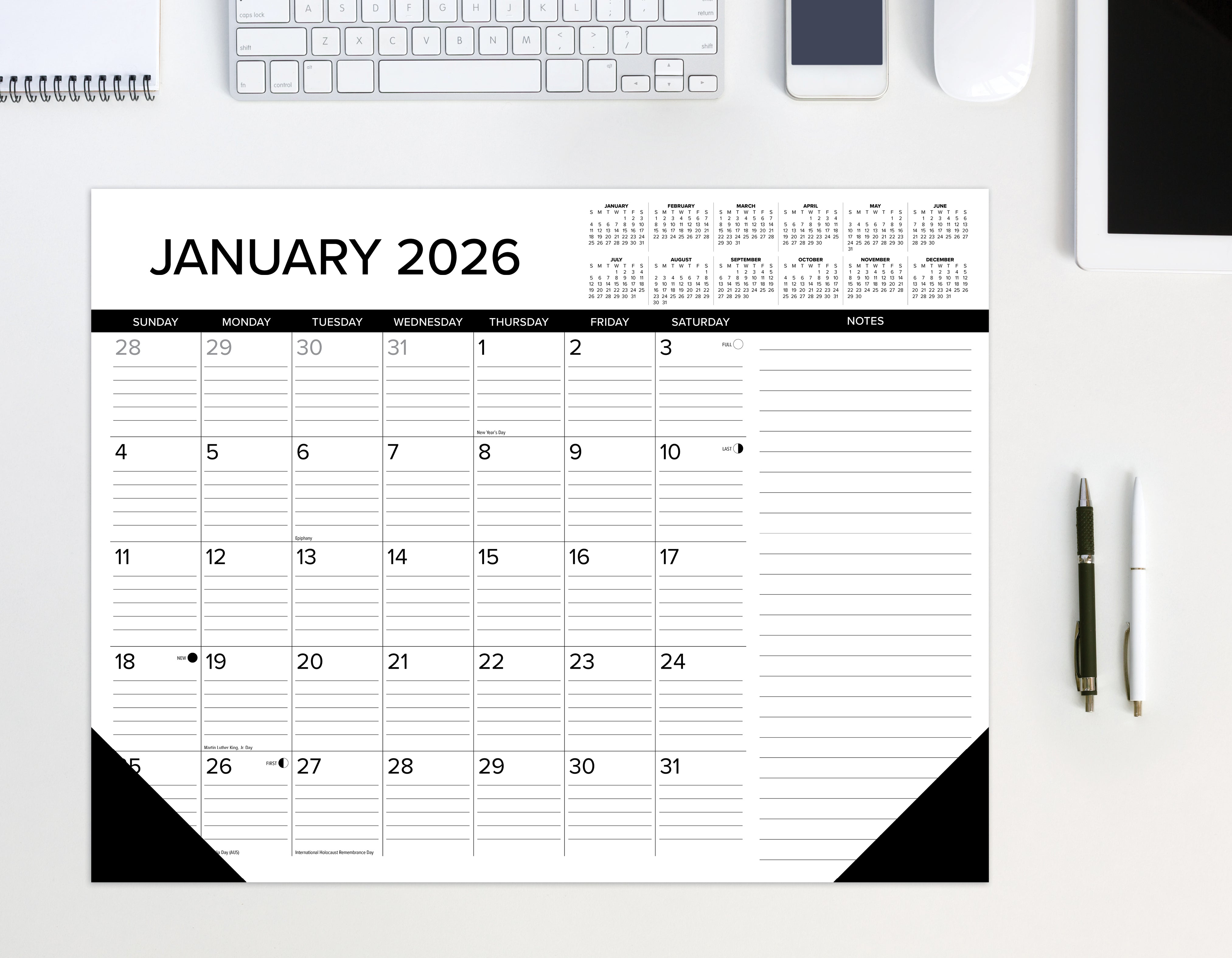 2026 Black & White with Lines - Desk Pad