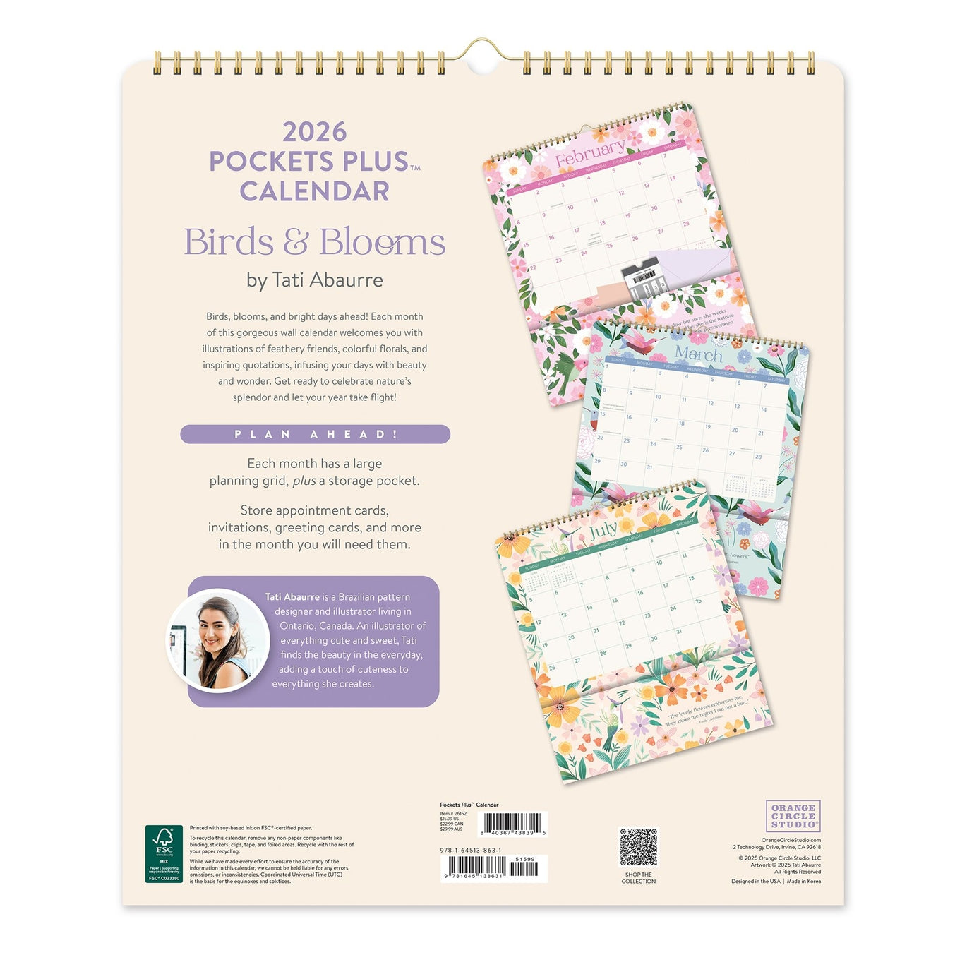 2026 Birds And Blooms - Pocket Plus Deluxe Wall Calendar