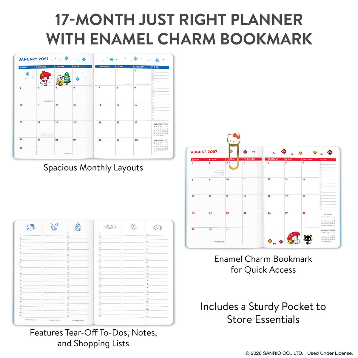 2027 Hello Kitty and Friends Retro Just Right Monthly Planner with Enamel Charm Bookmark