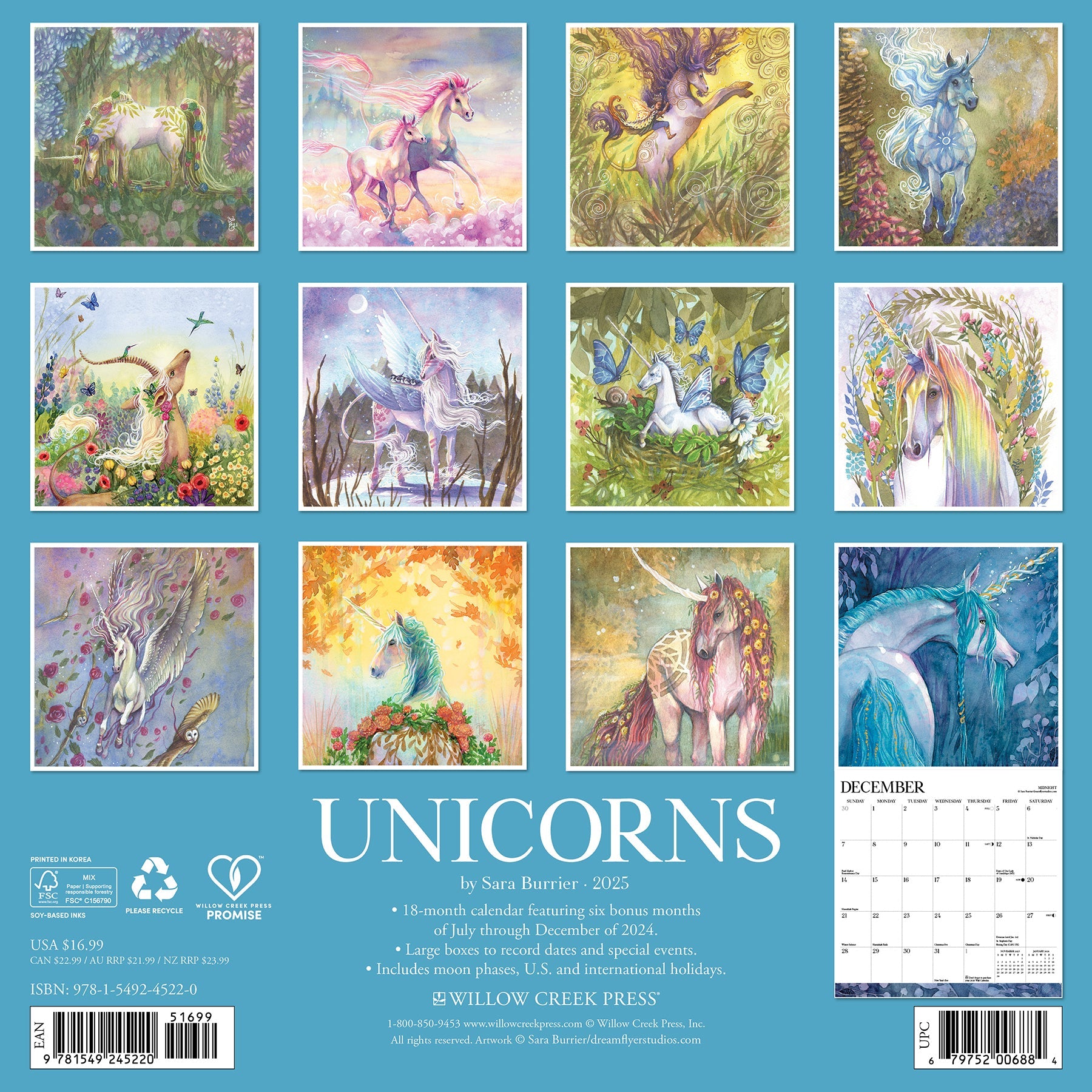 2025 Unicorns by Sara Burrier (art) - Square Wall Calendar