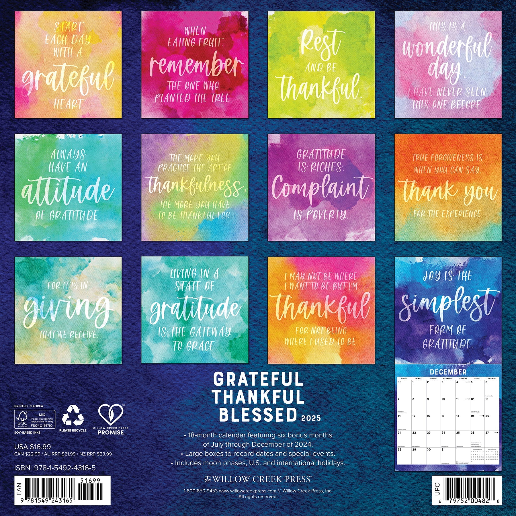 2025 Grateful, Thankful, Blessed - Square Wall Calendar