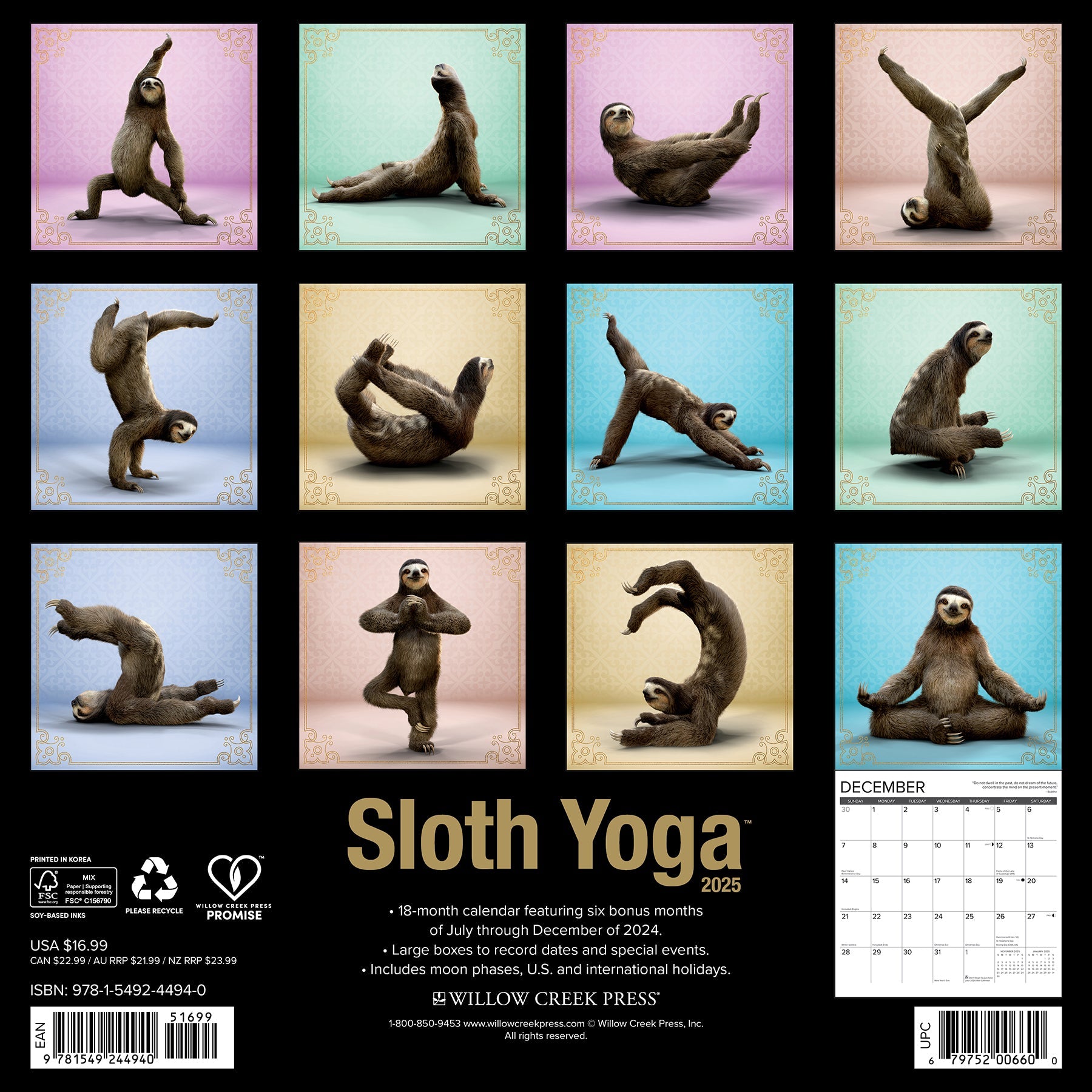 2025 Sloth Yoga - Square Wall Calendar