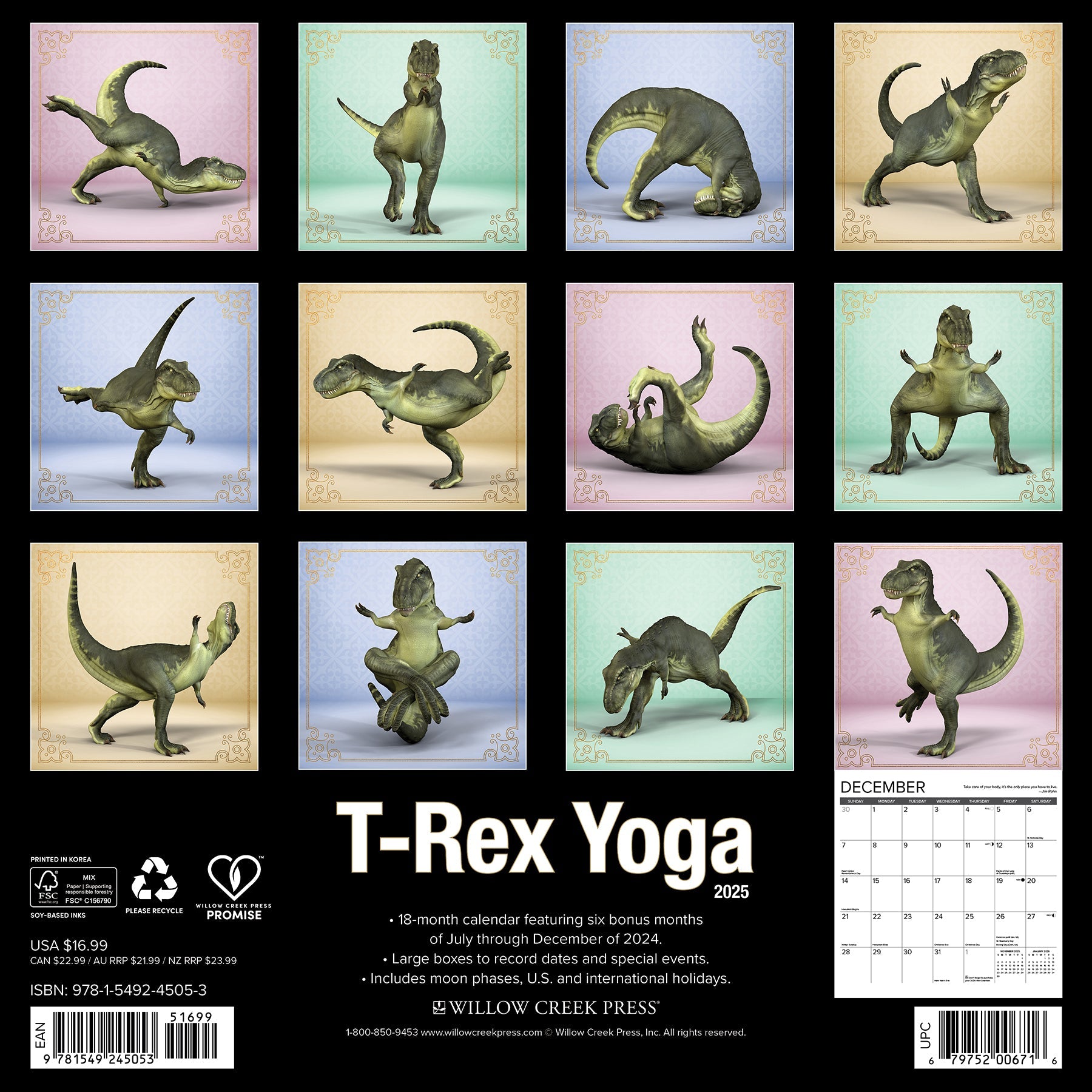 2025 T-Rex Yoga - Square Wall Calendar