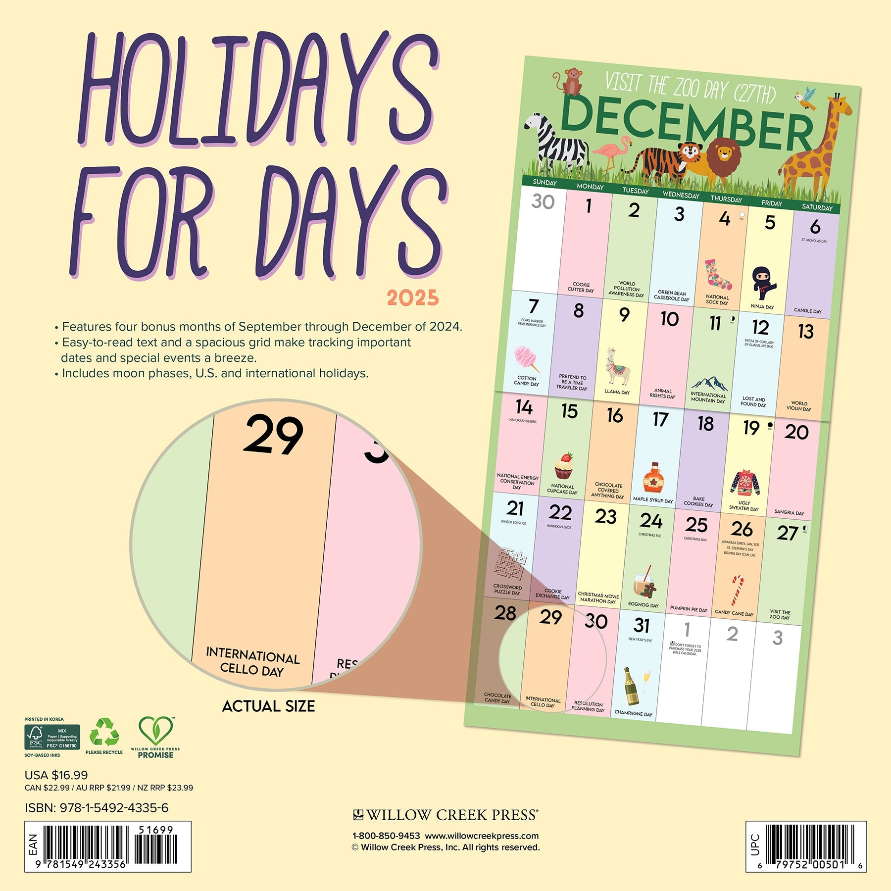 2025 Holidays for Days - Square Wall Calendar