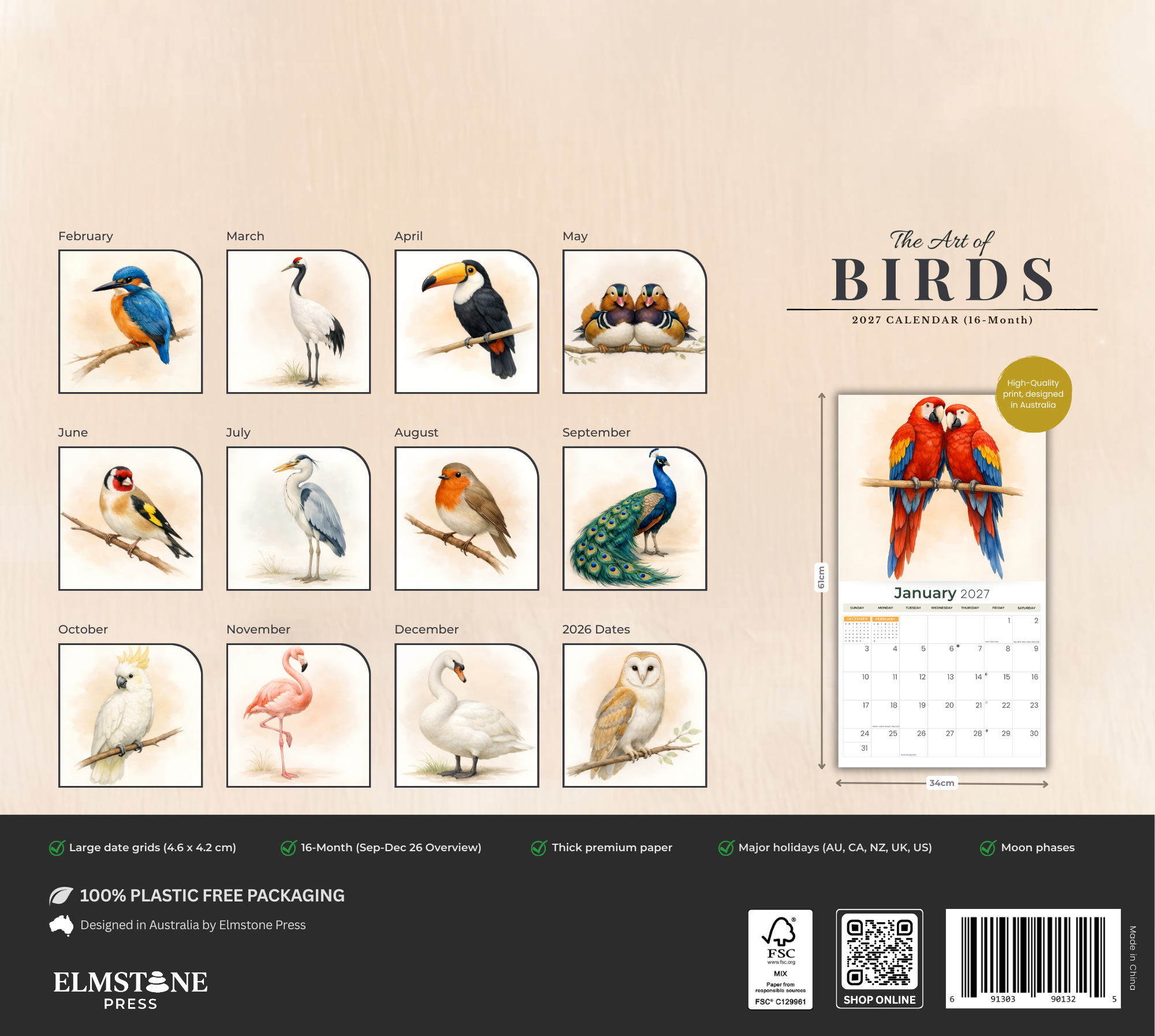 2027 The Art Of Birds - Deluxe Wall Calendar